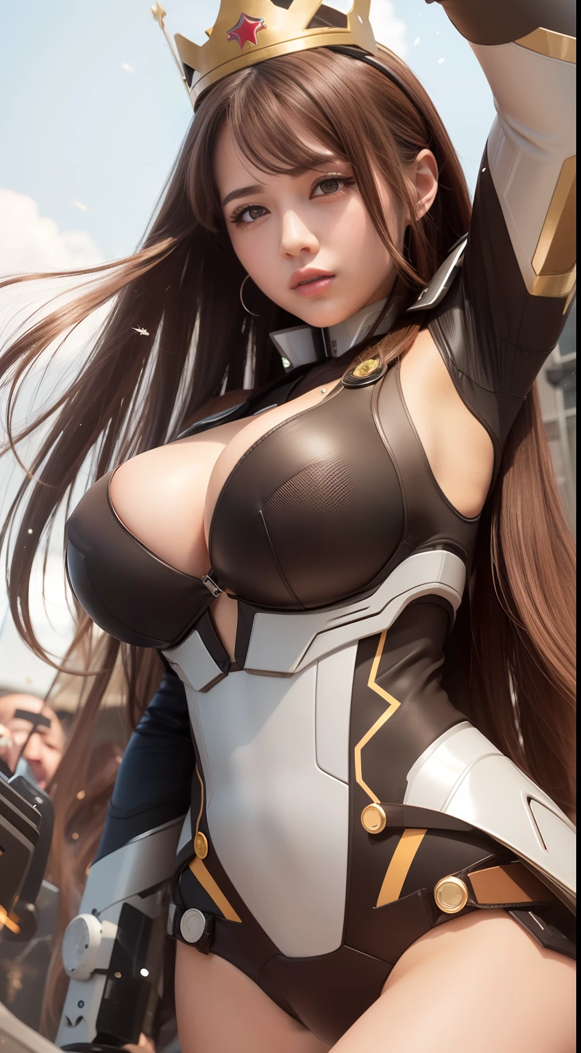 Girl, big boobs, brown hair, long hair, brown eyes, mecha suit, mecha, crown, fly, particle, boost