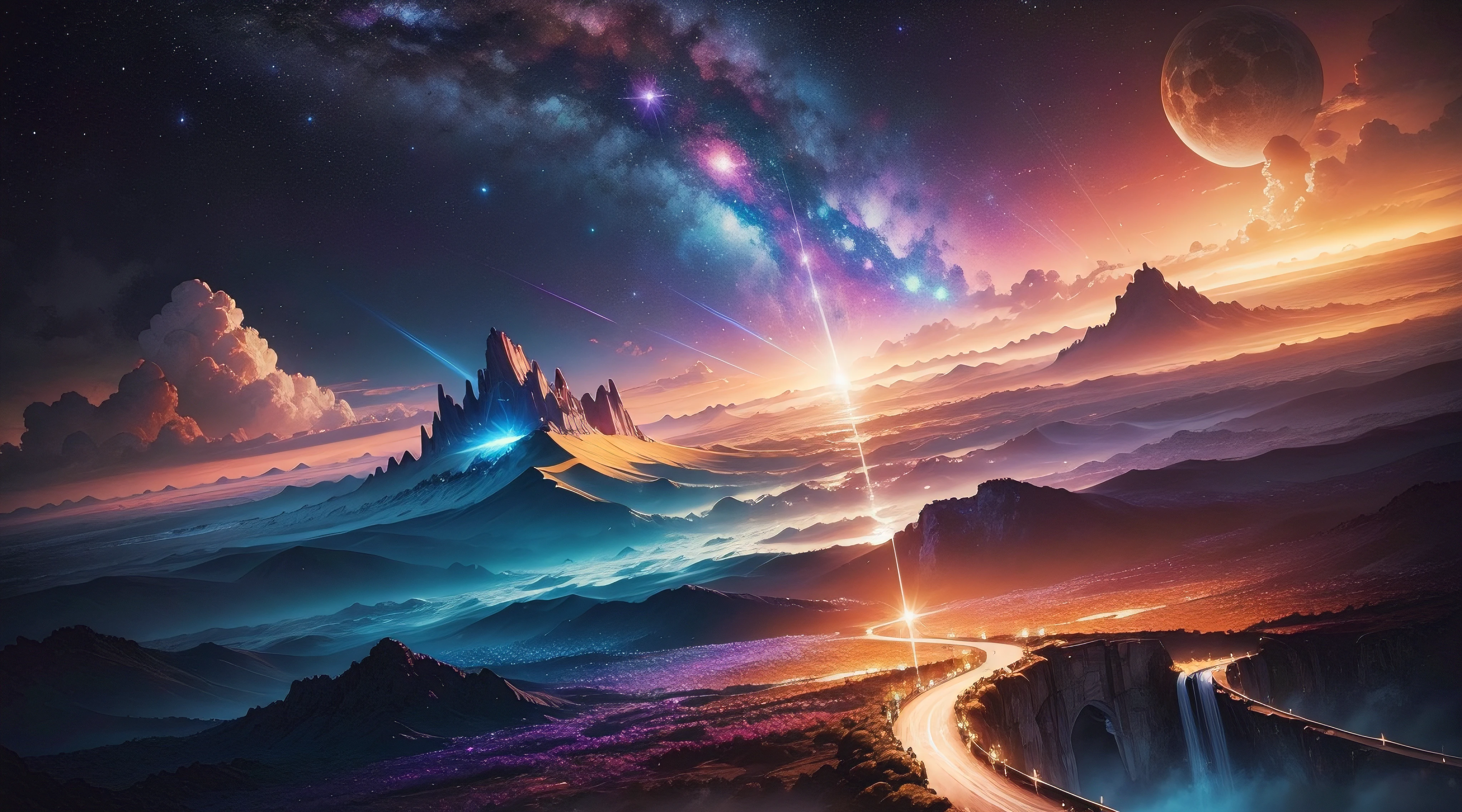 (sem seres humanos), (obra-prima), (Alta Detalhação), (higher resolution), {galaxy}, cinematic lighthing, realismo impressionante, papel de parede CG 4K, vasto universo estrelado, texturas exuberantes, Surrealist scenario, profundidade de campo envolvente, brilho com RTX e ray tracing, pintura impressionista surrealista, cores vibrantes, intergalactic beauty, dazzling cosmic depth, brilho radiante, detalhes ultra-realistas, vista fascinante, estrelas cintilantes, ethereal majesty, obra-prima estelar