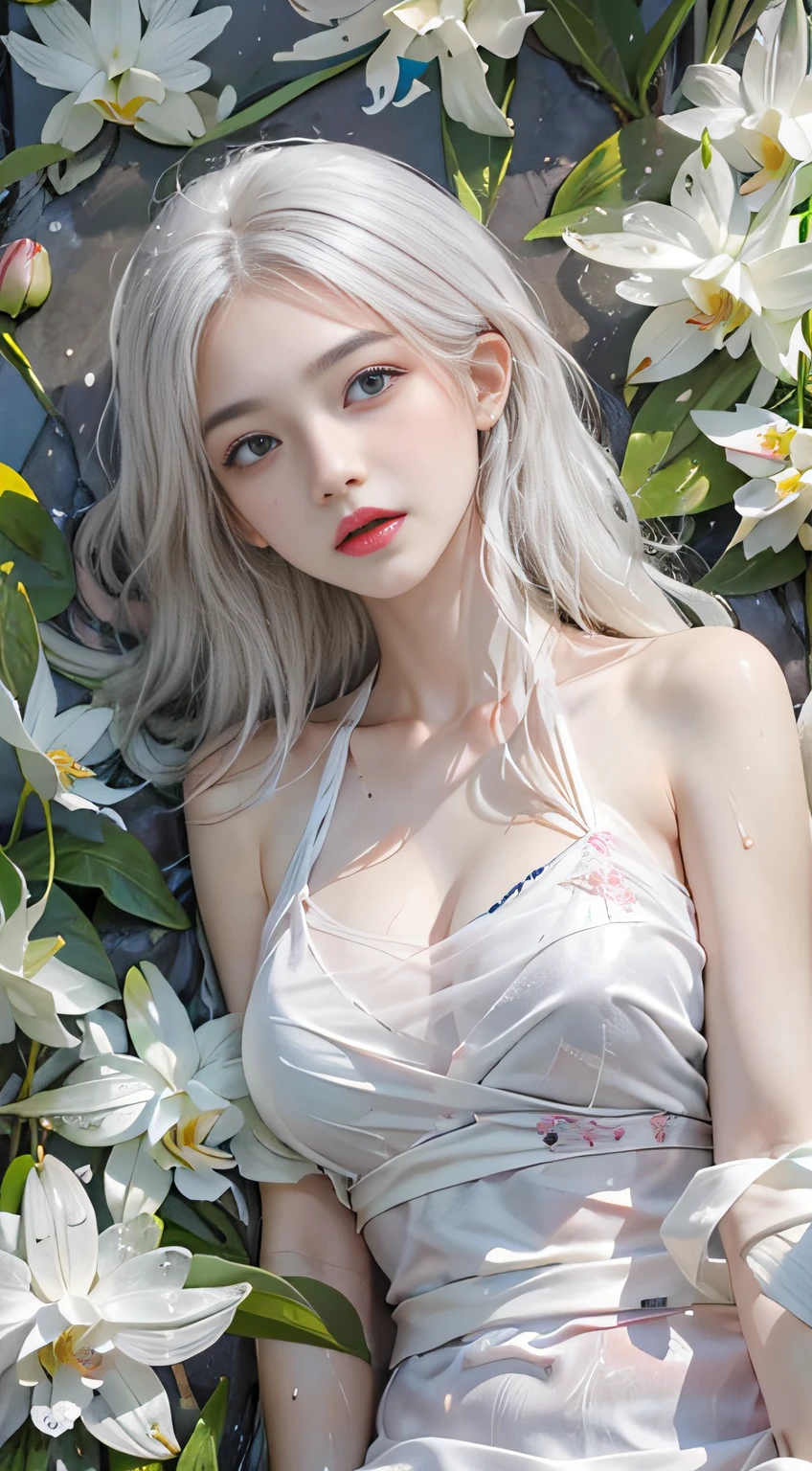 （(Beautiful girl lying in a flower garden))、portlate、bright expression、Young shiny shiny white shiny skin、Best Looks、ultimate beauty girl、The most beautiful platinum blonde hair in the world、shiny light hair,、Super long silky straight hair、Beautiful bangs that shine、Glowing crystal clear attractive blue eyes、Bust of medium size、（（hide the nipple with both hands,））Z、Beautiful blue eyes that shine、white  hair、silber hair、((Beautiful breasts :1.1)), ((, No bra)),(((No panties)))、 (Exposed breasts）0p、mix４, (Best Illustration: 1.1), (Best Shadow: 1.1), tongue、Vaginal orchids、Runny Vaginal Discharge、Blowing tide、Very beautiful breasts、Grasp your breasts with both hands、 Spread your legs、sexual excitement、Sex Expressions、shinny skin。realisitic、Photorealsitic:1.37)、）（closing eye）、(Kpop Idol)、lying on one's side、dishevled hair、Medium Hair、(Pink blush)、(illuminating)、[[Open legs、Spread your legs apart]]、(独奏)、dynamicposes、((erectile nipple))、(Puffy eyes:1.２)、 (Slim legs)、erotick、nffsw、Highly detailed ambient occlusion、超A high resolution, A hyper-realistic, Highly detailed, (yawning), (((exhibitionism))), ((she is soaking wet)).Photo