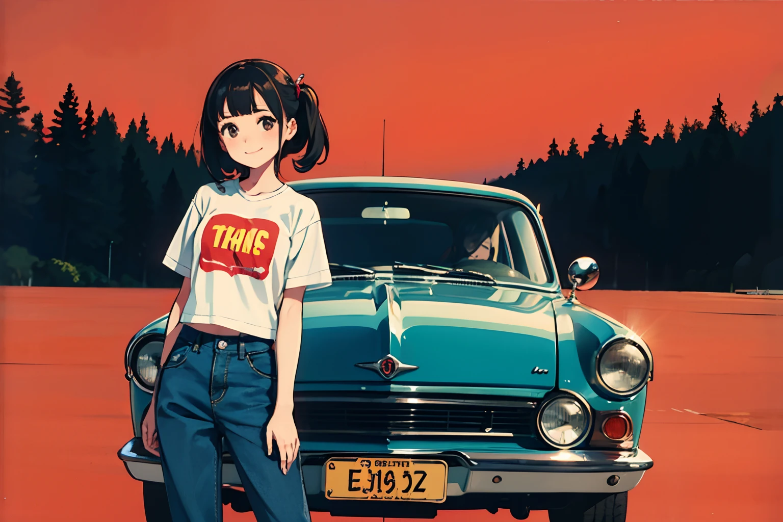 Best quality、超A high resolution、full bodyesbian、Tie-up hair all back girls、Wear a boyfriend-style t-shirt,Stand in front of a red antique car,88 highway background, Cute happy smile