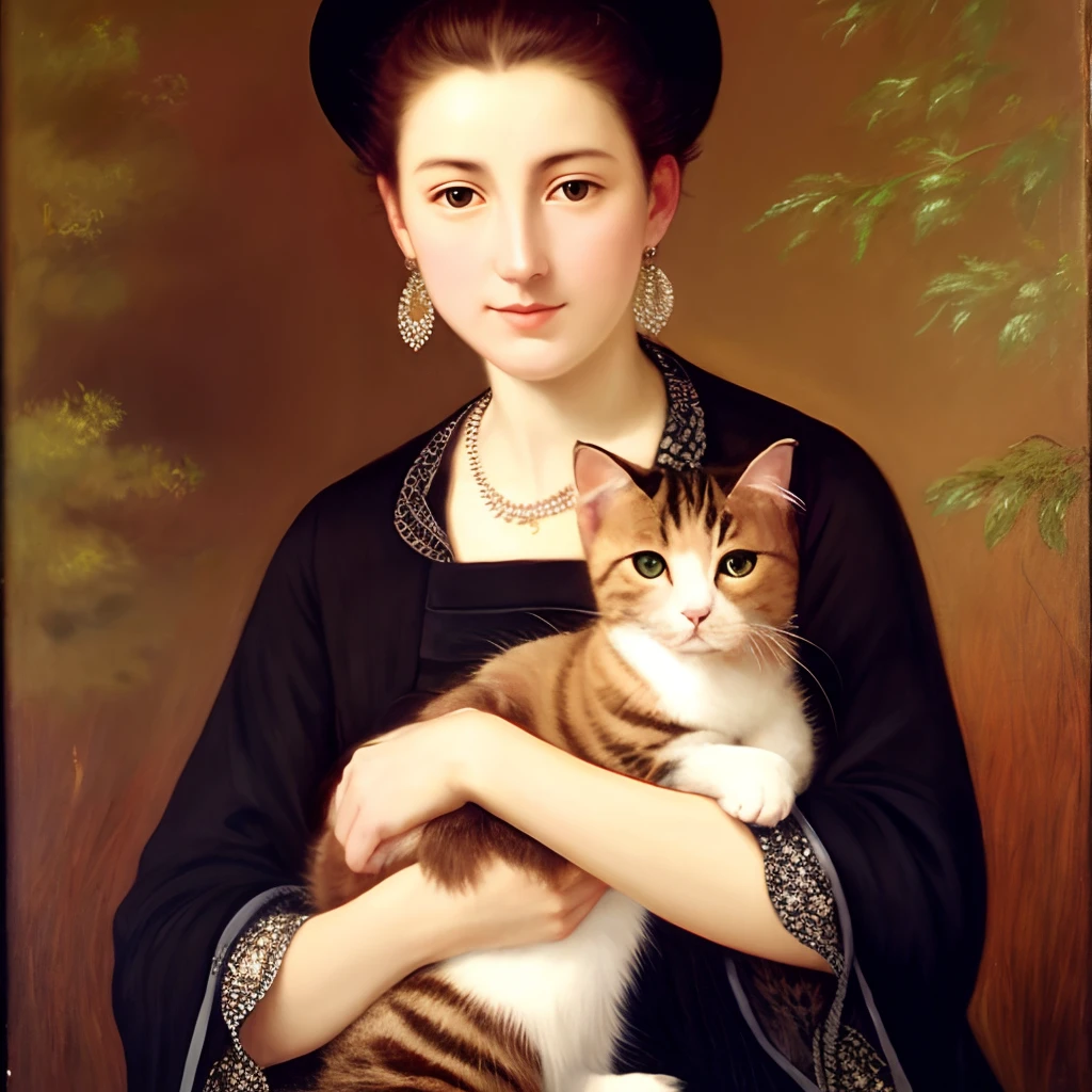 Alafed woman holding cat in arms in front of painting, woman and cat, by Ju Lian, Charles Silem Ridderdale, she is holding a cat in her arms, Wilhelmina Weber Furlong, Holding a cat, elegant cat, by Min Zhen, unknown artist, In the drawing of a cat, Cat portrait