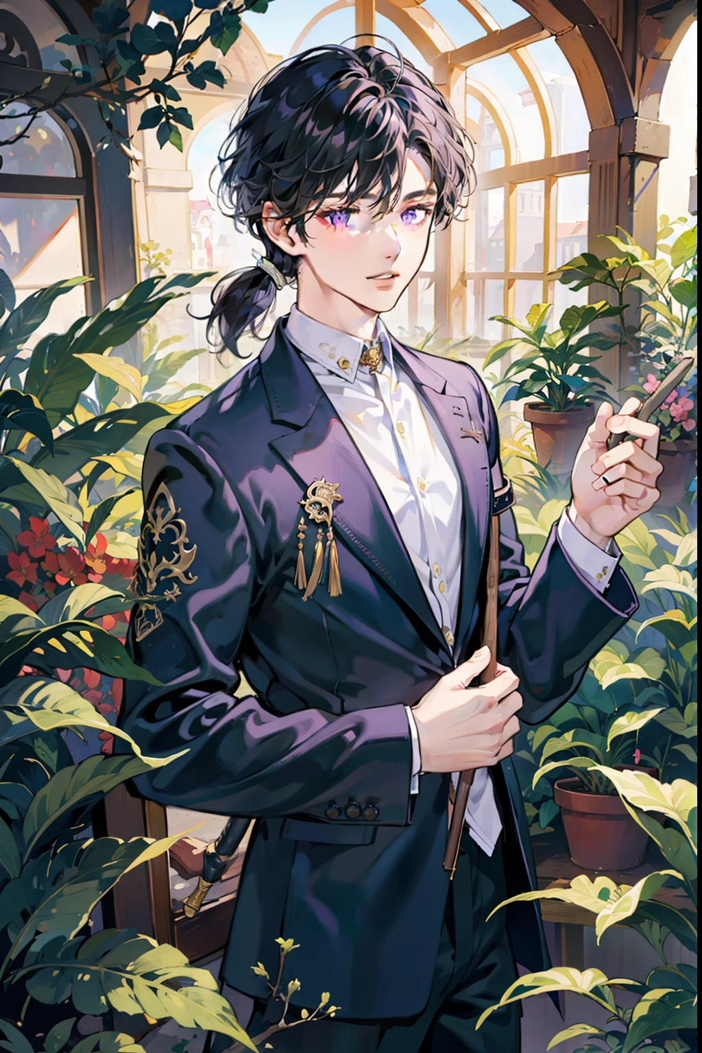 Imagen de buena calidad, 1 chico, 18 year old teen, muy dulce y amable, con cabello largo negro recogido, with purple eyes and almost pale white skin with a walking stick, con una cara bien echa y detallada, Thematic: en un invernadero, controlling the plants and breaking the greenhouse with the roots. de las flores que lo rodean, with magic circles