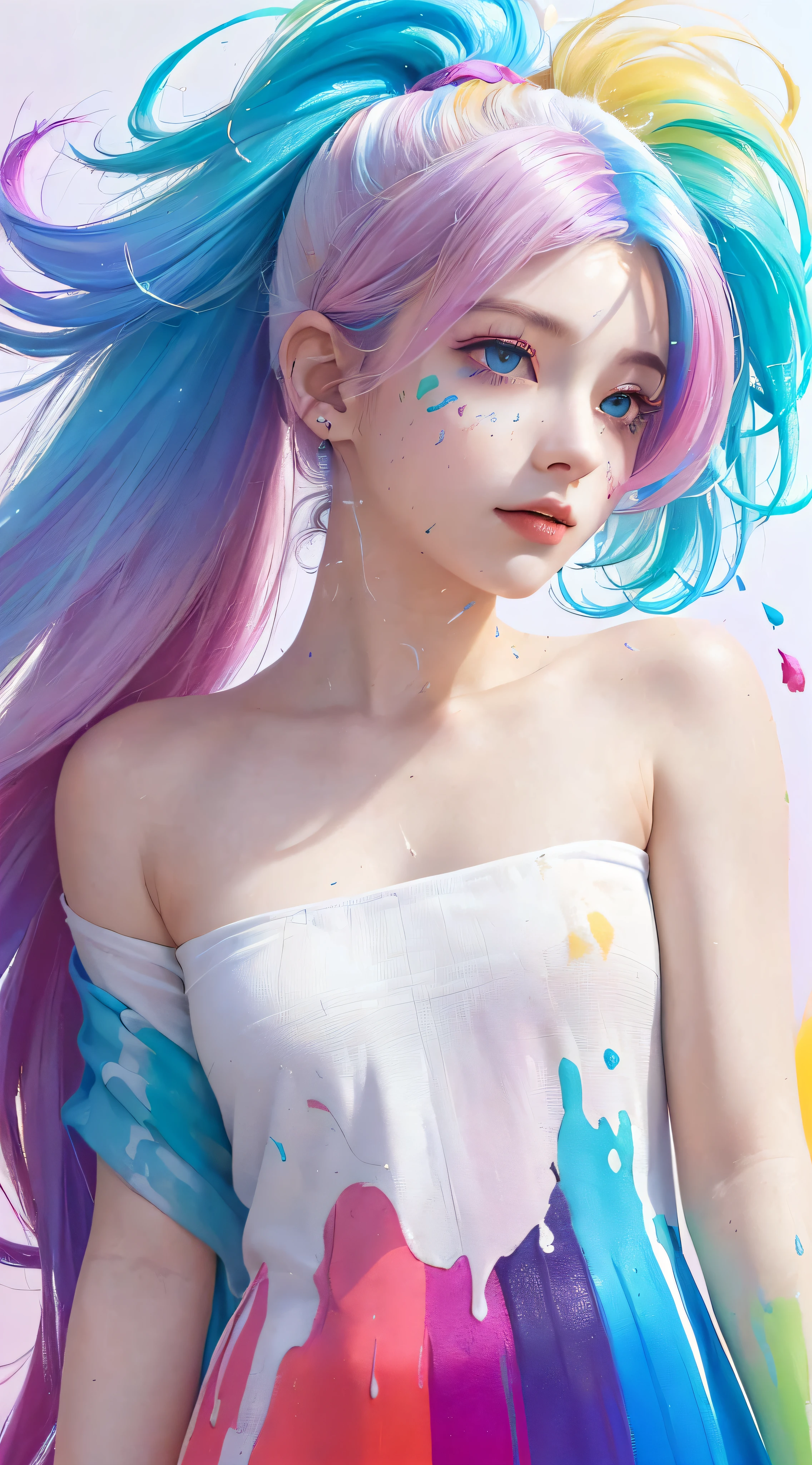 (Pink Fashion T-shirt:1.9),(Colorful hair: 1.8), (all the colours of the rainbow: 1.8),(((((vertical painting:1.6))), (painting:1.6),front, comics, illustrations, paintings, large eyes, crystal clear eyes,( rainbow color gradient high ponytail:1.7), exquisite makeup, closed mouth,(Small Fresh: 1.5),(Wipe Chest: 1.6) ,long eyelashes, white off shoulder T-shirt, White Shoulder Shirt,looking at the audience, large watery eyes, (rainbow colored hair:1.6), color splash, (solo:1.8), color splash, color explosion, thick paint style, messy lines, ((shining)),(colorful), (colorful), (colorful), colorful, Thick Paint Style, (Splash) (Color Splash), Vertical Painting, Upper Body, Paint Splash, Acrylic Pigment, Gradient, Paint, Highest Image Quality, Highest Quality, Masterpiece, Solo, Depth of Field, Face Paint, colorful clothes, (Elegant: 1.2), gorgeous,long hair, wind, (Elegant: 1.3), (Petals: 1.4),(((masterpiece))),(((best quality))),((ultra-detailed)),(illustration),(dynamic angle),((floating)),(paint),((disheveled hair)),(solo),(1girl) , (((detailed anima face))),((beautiful detailed face)),collar,bare shoulders,white hair, ((colorful hair)),((streaked hair)),beautiful detailed eyes,(Gradient color eyes),(((colorful eyes))),(((colorful background))),(((high saturation))),(((surrounded by colorful splashes))),