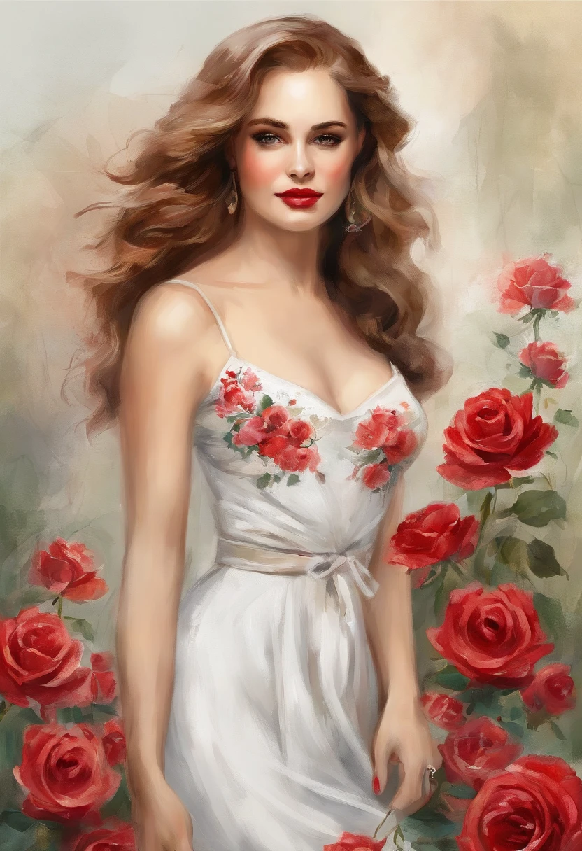 teens girl, young beautiful British girl，Red roses，Valentine's Day，white dresses，eye glass，tmasterpiece，vectorial art，ultra - detailed，closeup cleavage，Best quality at best，超高分辨率, best shadow