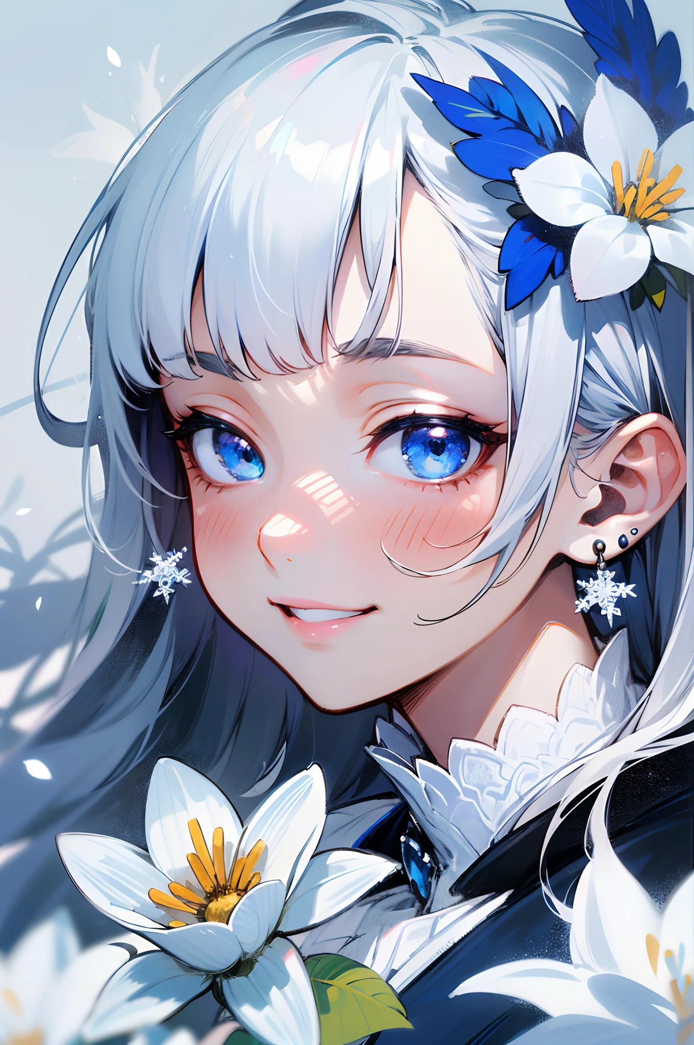 (best quality,highres:1.2),portrait,white hair,long hair,blue eyes,girl,18 years old,big chest,soft bangs,small white flower brooch,small snowflake earrings,white and blue color tones,clothing with a cheerful smile