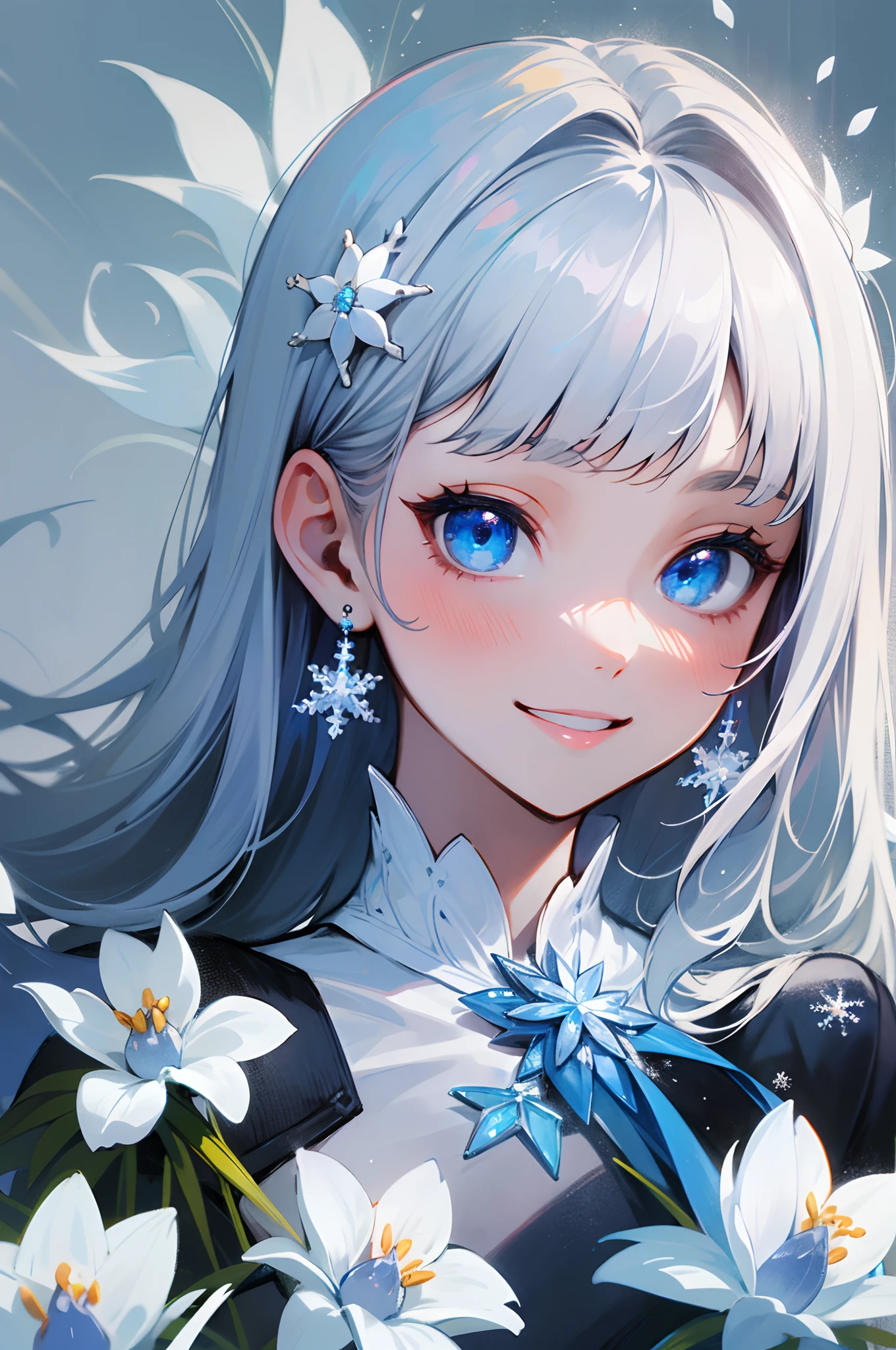 (best quality,highres:1.2),portrait,white hair,long hair,blue eyes,girl,18 years old,big chest,soft bangs,small white flower brooch,small snowflake earrings,white and blue color tones,clothing with a cheerful smile