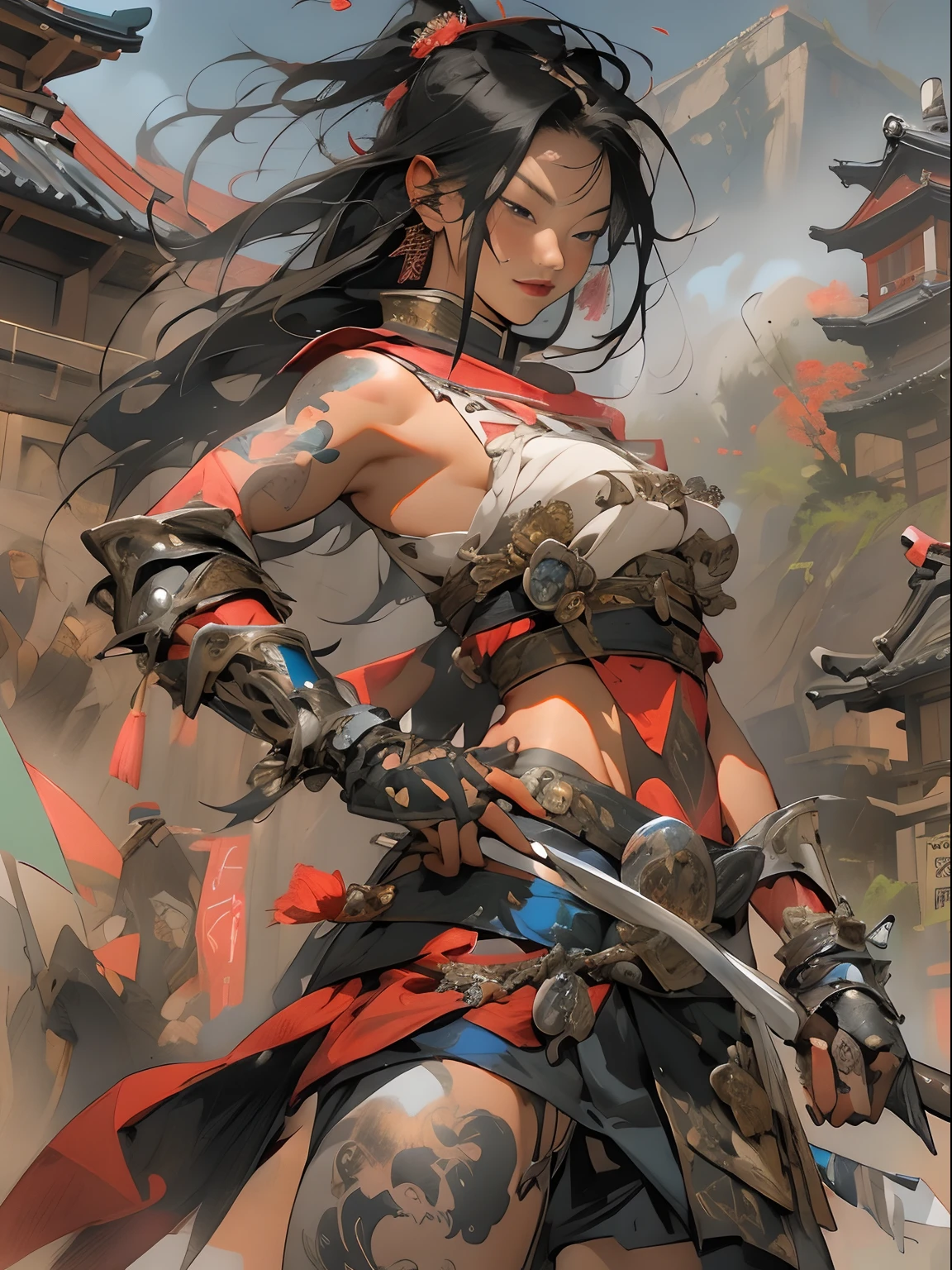 (((woman))), (((best qualityer))), (((tmasterpiece))), (((AS-Adult))), ((( Japanese ))), Look up from your knees, A beautiful asian samurai woman with perfect body, Modern samurai, ((( Asian))), Wear gloves on your hands，The left arm is made of steel and metal tips，Made of protective devices, The eyes are pulled, (( Appears below the breast )), (( Small dental floss )), Simon Bisley, Almost naked（Simon Bisley）Castle City Wilderness，For high-resolution posters, hair straight, Minimum clothing, armure (Crazy clothes ), Full of tips and rivets, tribal tattoos, (((full bodyesbian))), Straight brunette hair，Colored hair ends
