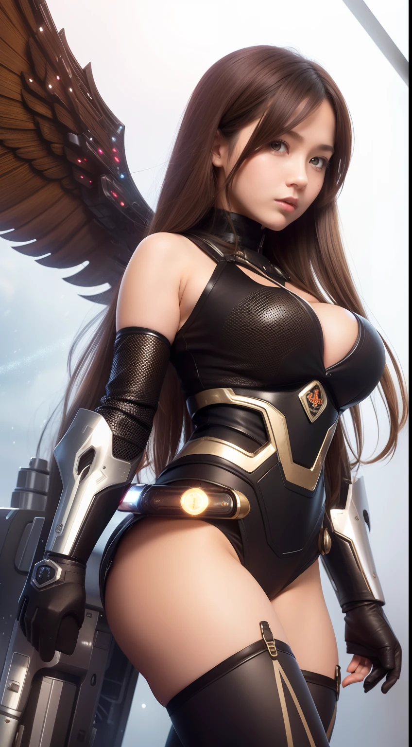 Girl, big boobs, brown hair, long hair, brown eyes, Mecha, yggdrasil, Jetpack, mecha wings, sparkle, sparkling, blues