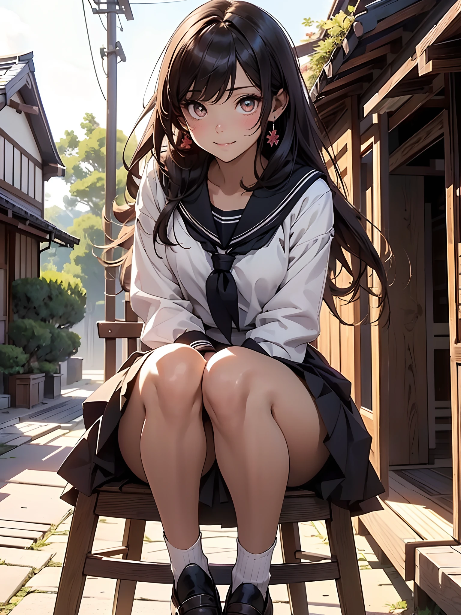 (masutepiece, Best Quality:1.2), 8K, nffsw、​masterpiece, top-quality, The ultra -The high-definition, Top resolution, ighly detailed, profetional lighting, Orange Light Lighting、Back lighting、nostalgic、Wooden warehouse、Landscape with Japan wooden house、Sitting on the porch、Ancient Minjia、pine trees、Plants、Beautiful Japan garden、The bright red sunset is beautiful、steam、myst、White sigh、Full Body Pose、Girl blends into the landscape、Sitting on a chair、Beautuful Women, a small face、de pele branca、a very cute, 、(A detailed eye、Bright pupils、Gradient Eyes:1、finely detailed beautiful eye:1、Symmetrical eyes:1、big highlight on eyes:1.2)、detailed hairs、Brown eyes)、breasts are medium in size、(Black-brown hair、Semi-long)、(Sailor Uniform、serafuku:1.4)、thin and long legs、Beautiful hip line、Beautiful spine、constricted back、Toned waist、Black underwear、JK Black Skirt 、pleatedskirt、Hip line emphasis、Black socks、Brown eyes,The face is a little red, beutiful breast、Breast is an A cup、Shoes are loafers、long hair split edges) 、(Round face: 1.4)、Gentle smile、Mouth open、teeth showing