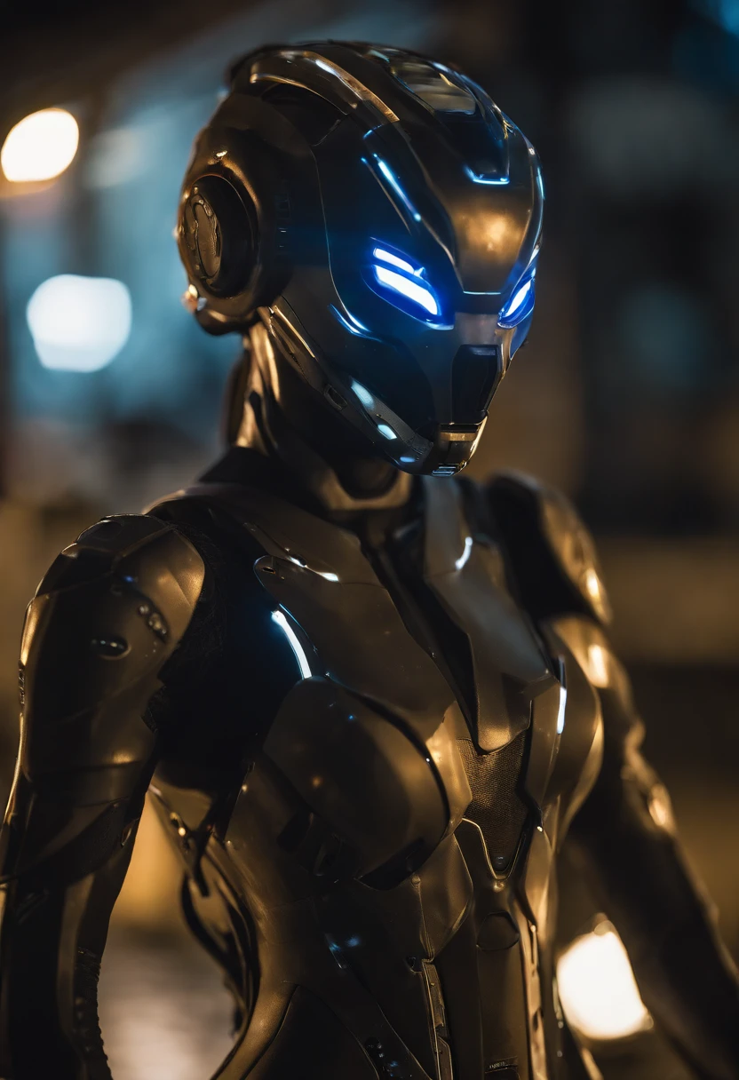 (female Protogen),cyberpunk,mechanical,glowing eyes,metallic surface,digital display,advanced technology,futuristic,neon lights,electromagnetic field,sharp edges,streamlined design,digital organism,biomechanical,mysterious atmosphere,glass visor,enhanced senses,energetic pose,invisible circuits,holographic projections,colorful wires,female cyborg