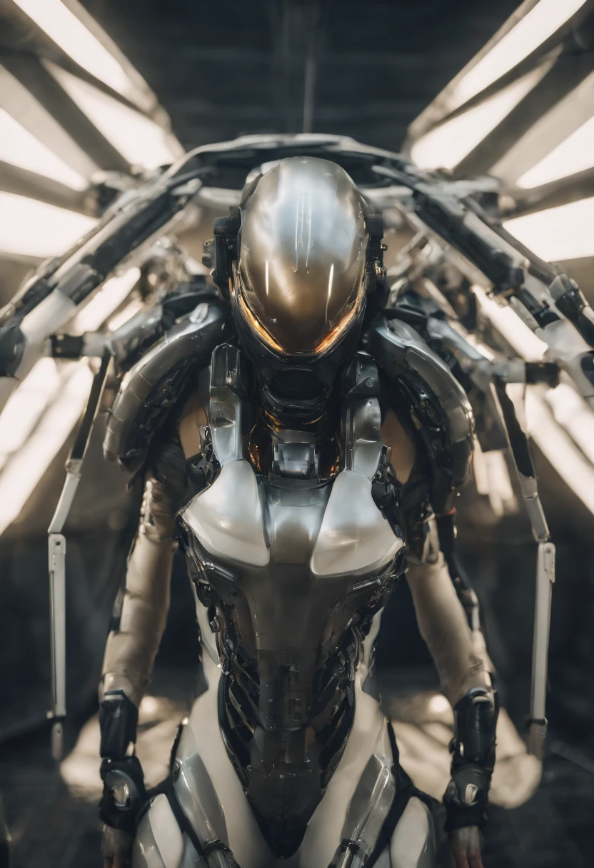 (female Protogen),cyberpunk,mechanical,glowing eyes,metallic surface,digital display,advanced technology,futuristic,neon lights,electromagnetic field,sharp edges,streamlined design,digital organism,biomechanical,mysterious atmosphere,glass visor,enhanced senses,energetic pose,invisible circuits,holographic projections,colorful wires,female cyborg