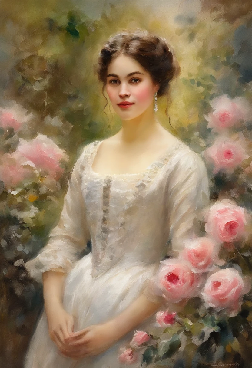 Arte Impressionista, Claud Monet, 18th century age girl with beautiful face, sweet as a princess Brown hair Asian face frame, wearing an 18th-century white wedding dress in a garden with pink roses, master part, not blurred. Beautiful HD resolution lighting
