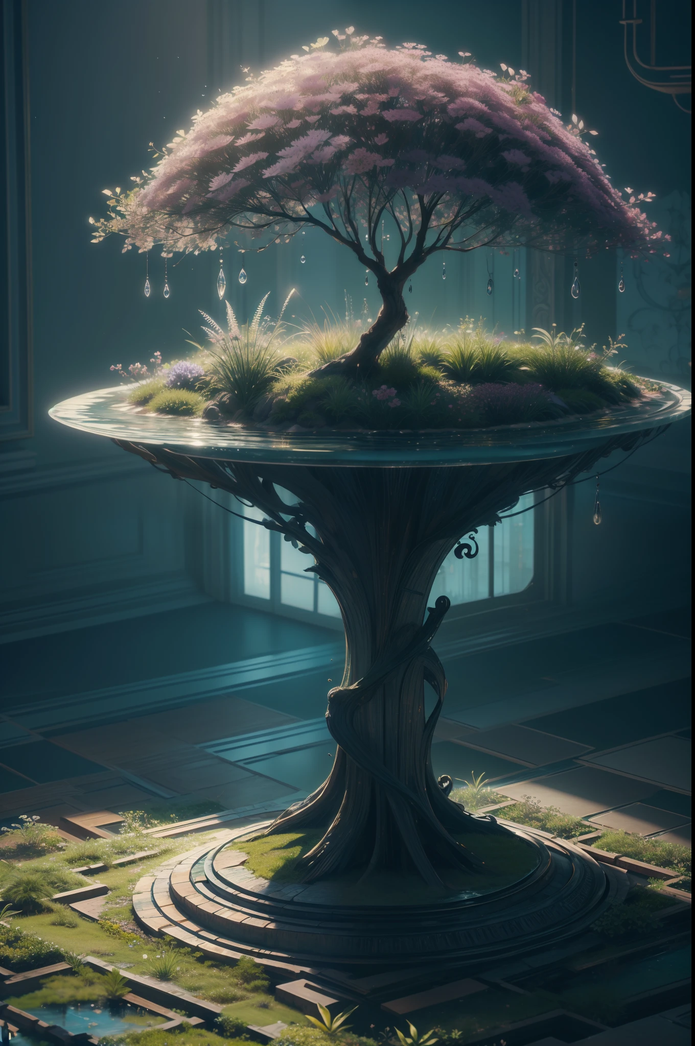 obra-prima da escultura de vidro com plantas, flores e rochas dentro, water, brilho, fantasia, alta qualidade, alto detalhe, melhor qualidade, rtx, 4k, 8k,