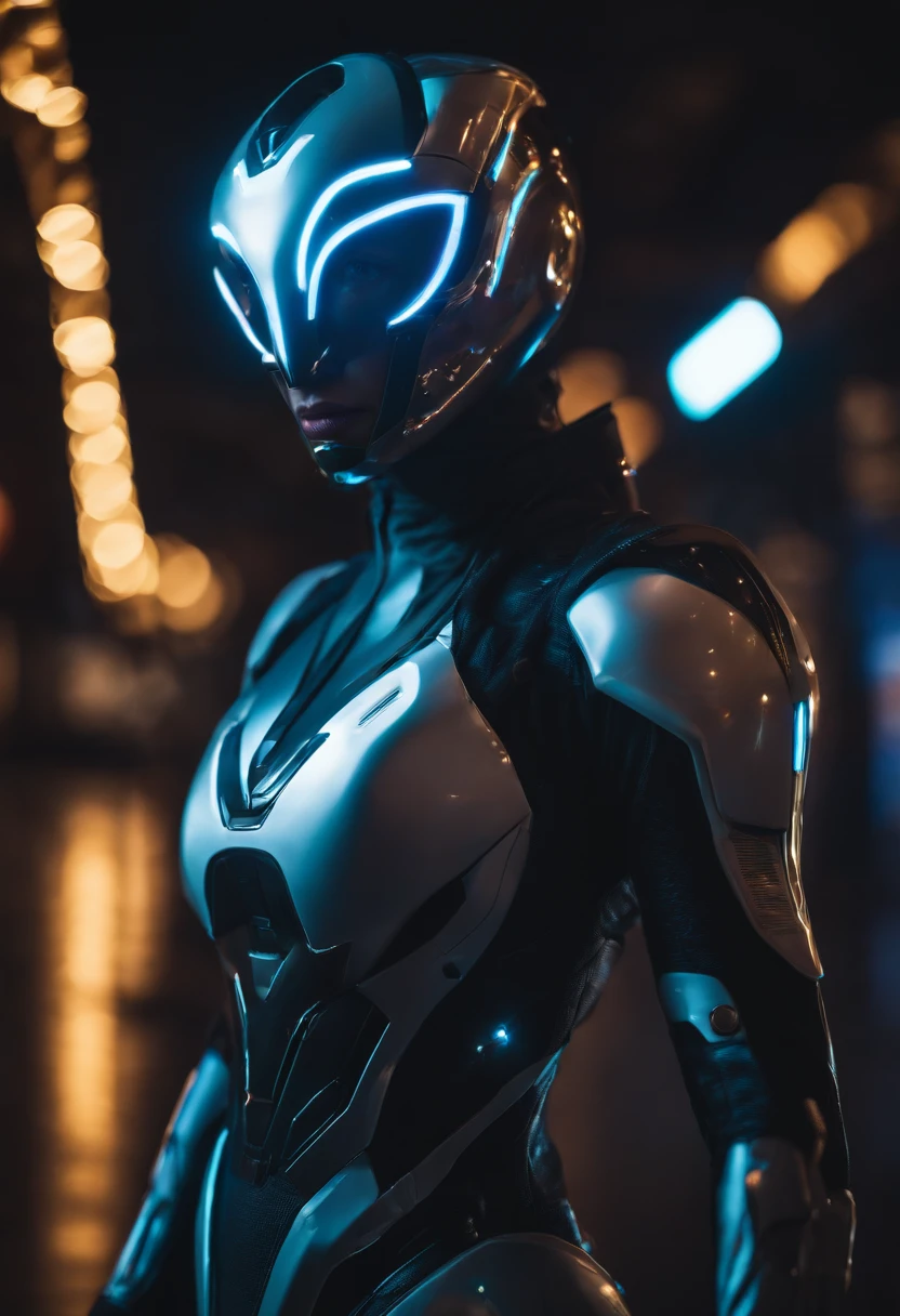 (female Protogen),cyberpunk,mechanical,glowing eyes,metallic surface,digital display,advanced technology,futuristic,neon lights,electromagnetic field,sharp edges,streamlined design,digital organism,biomechanical,mysterious atmosphere,glass visor,enhanced senses,energetic pose,invisible circuits,holographic projections,colorful wires,female cyborg