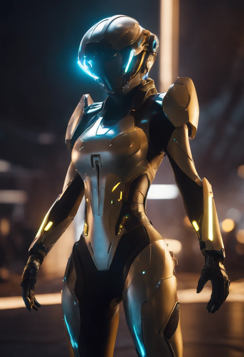 (female Protogen),cyberpunk,mechanical,glowing eyes,metallic surface,digital display,advanced technology,futuristic,neon lights,electromagnetic field,sharp edges,streamlined design,digital organism,biomechanical,mysterious atmosphere,glass visor,enhanced senses,energetic pose,invisible circuits,holographic projections,colorful wires,female cyborg