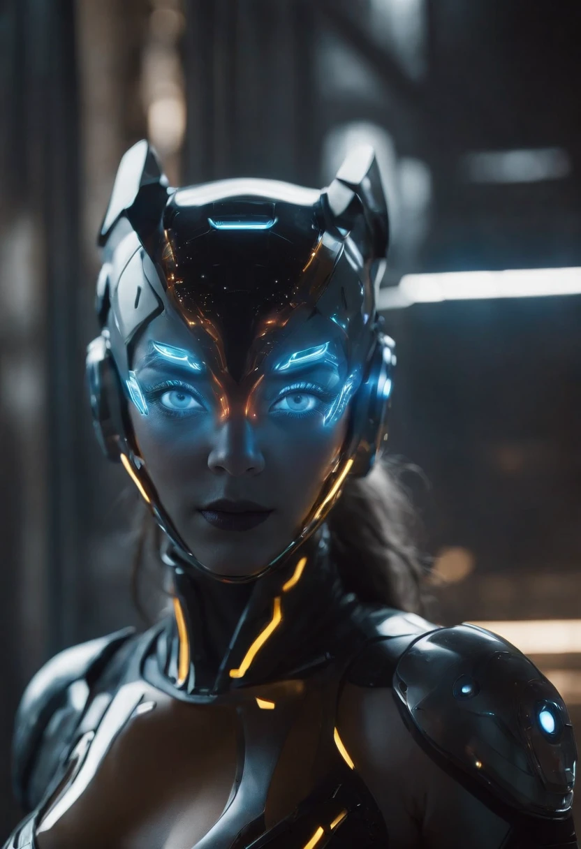 (female Protogen),cyberpunk,mechanical,glowing eyes,metallic surface,digital display,advanced technology,futuristic,neon lights,electromagnetic field,sharp edges,streamlined design,digital organism,biomechanical,mysterious atmosphere,glass visor,enhanced senses,energetic pose,invisible circuits,holographic projections,colorful wires,female cyborg
