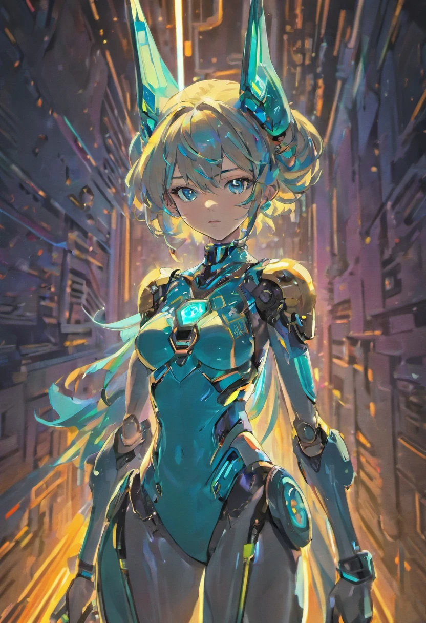 (female Protogen),cyberpunk,mechanical,glowing eyes,metallic surface,digital display,advanced technology,futuristic,neon lights,electromagnetic field,sharp edges,streamlined design,digital organism,biomechanical,mysterious atmosphere,glass visor,enhanced senses,energetic pose,invisible circuits,holographic projections,colorful wires,female cyborg