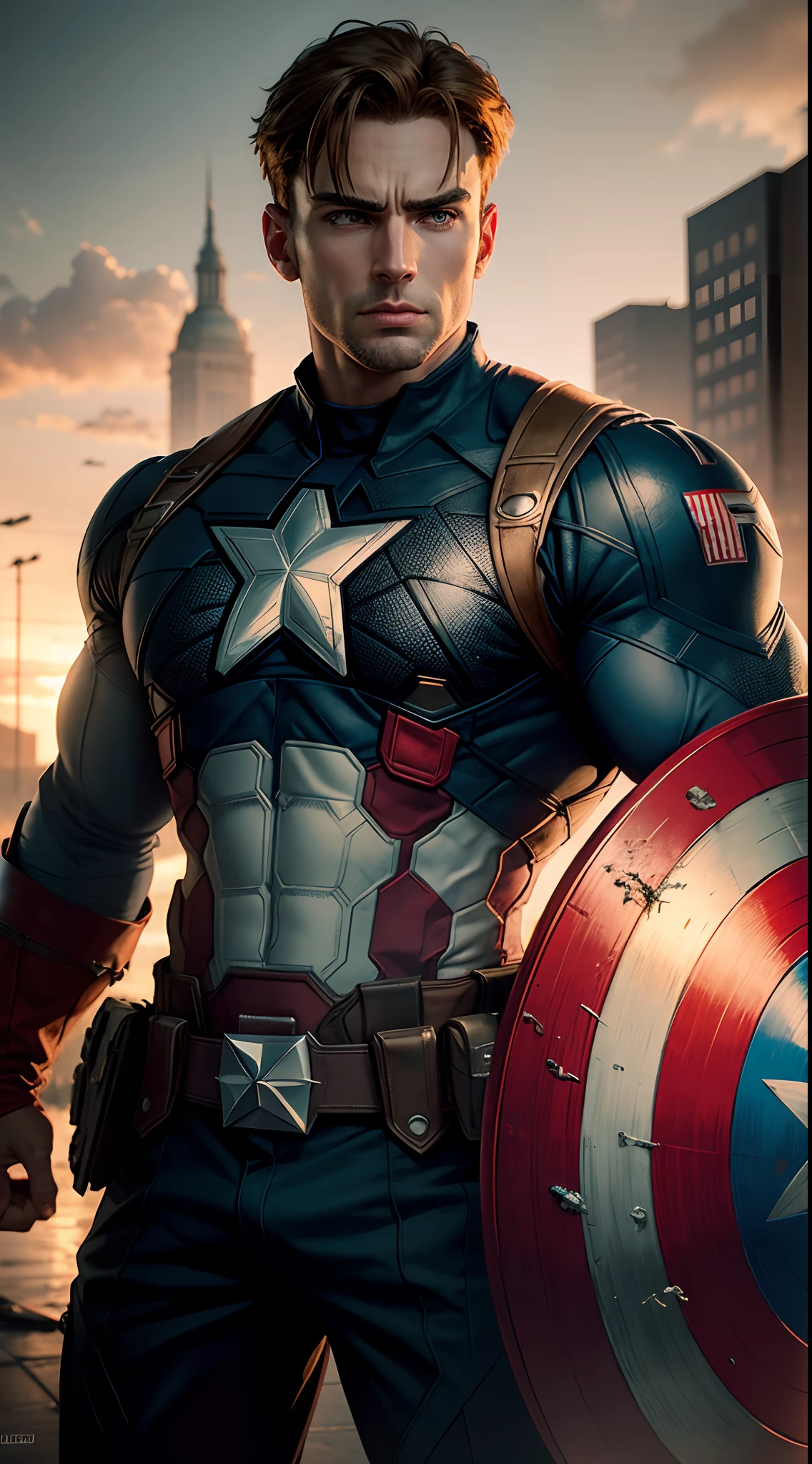 captain america, super strong, muscular, 35mm lens, photography, ultra detail, HDR, UHD, 8K, portraits, vibrant colors, dramatic lighting --auto