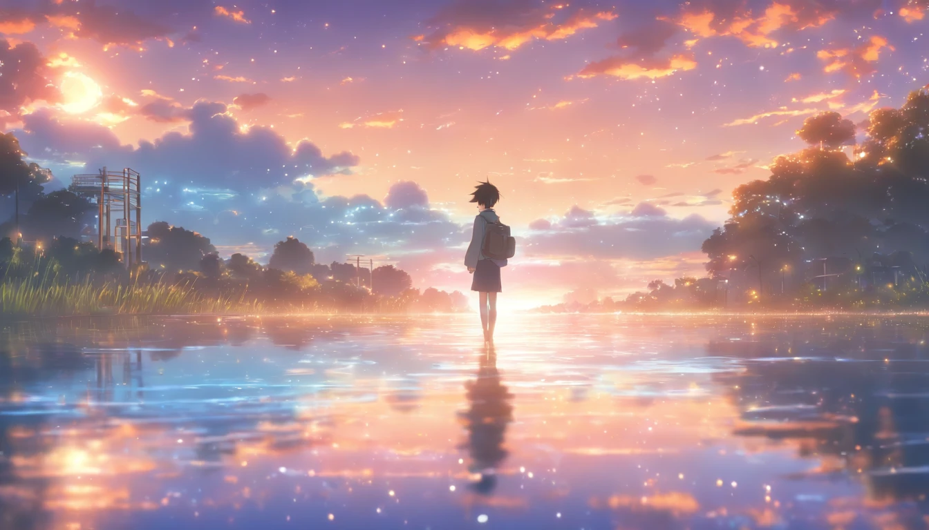 obra-prima de alta qualidade ,scenecy,Anime teenager crossing the surface of campus water, Bright starry sky。Romantic Campus,Pisif,Conceito-Arte,Estilo de arte Laffy,Refletores。 por makoto shinkai, Arte Lofi, belas cenas de anime, Paisagens de anime, detailed scenery—width 672, No estilo de Makoto Shinkai, Estilo de Makoto Shinkai,aprimoramento de detalhes