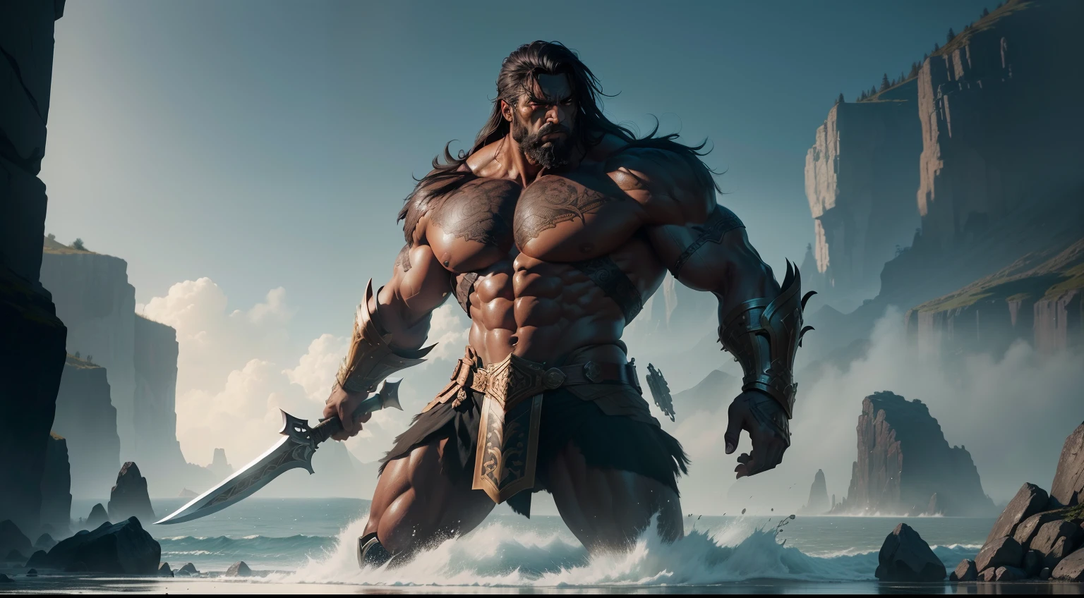 A dramatic confrontation unfolds as Odysseus (Ulisses), the cunning Greek hero, faces off against a fearsome one-eyed giant (Cyclops) in an epic battle. In this high-quality and ultra-detailed image, the scene is set in a perilous landscape, with jagged cliffs and eerie mist shrouding the battlefield. The masterpiece tag (1.2) ensures the image is of the best quality, with stunning resolution, sharp focus, and vivid colors.

The main focus of the image is on Odysseus (Ulisses) and the Cyclops. Odysseus is depicted as a fearless and courageous warrior, his eyes intensely focused on his opponent. His detailed eyes and face convey determination and intelligence. He is dressed in ancient Greek armor, adorned with intricate engravings, accentuating his noble stature. His weapon of choice is a finely crafted spear, gleaming in the light.

The fearsome Cyclops looms over Odysseus, his massive physique accentuated by extreme details. His single eye, captured in intricate detail, radiates with a mix of anger and bloodlust. With immense strength, he wields a colossal club, ready to strike down his opponent. The tag [monstrous] showcases the horrific and awe-inspiring nature of the Cyclops.

In the background, the treacherous landscape adds to the sense of danger and suspense. The rugged cliffs, covered in moss and vines, create a sense of isolation and confinement, trapping Odysseus in this deadly encounter. The mist swirling around adds an eerie atmosphere, intensifying the tension between the two adversaries.

The art style employed in this image is reminiscent of ancient Greek illustrations, combining elements of oil painting and concept art. This unique style further enhances the epic nature of the battle, evoking a sense of awe and grandeur. The inclusion of [dramatic lighting] emphasizes the dynamic nature of the confrontation, with shadows and highlights heightening the intensity of the scene.

As for the color palette, deep and earthy tones dominate the image, reflect