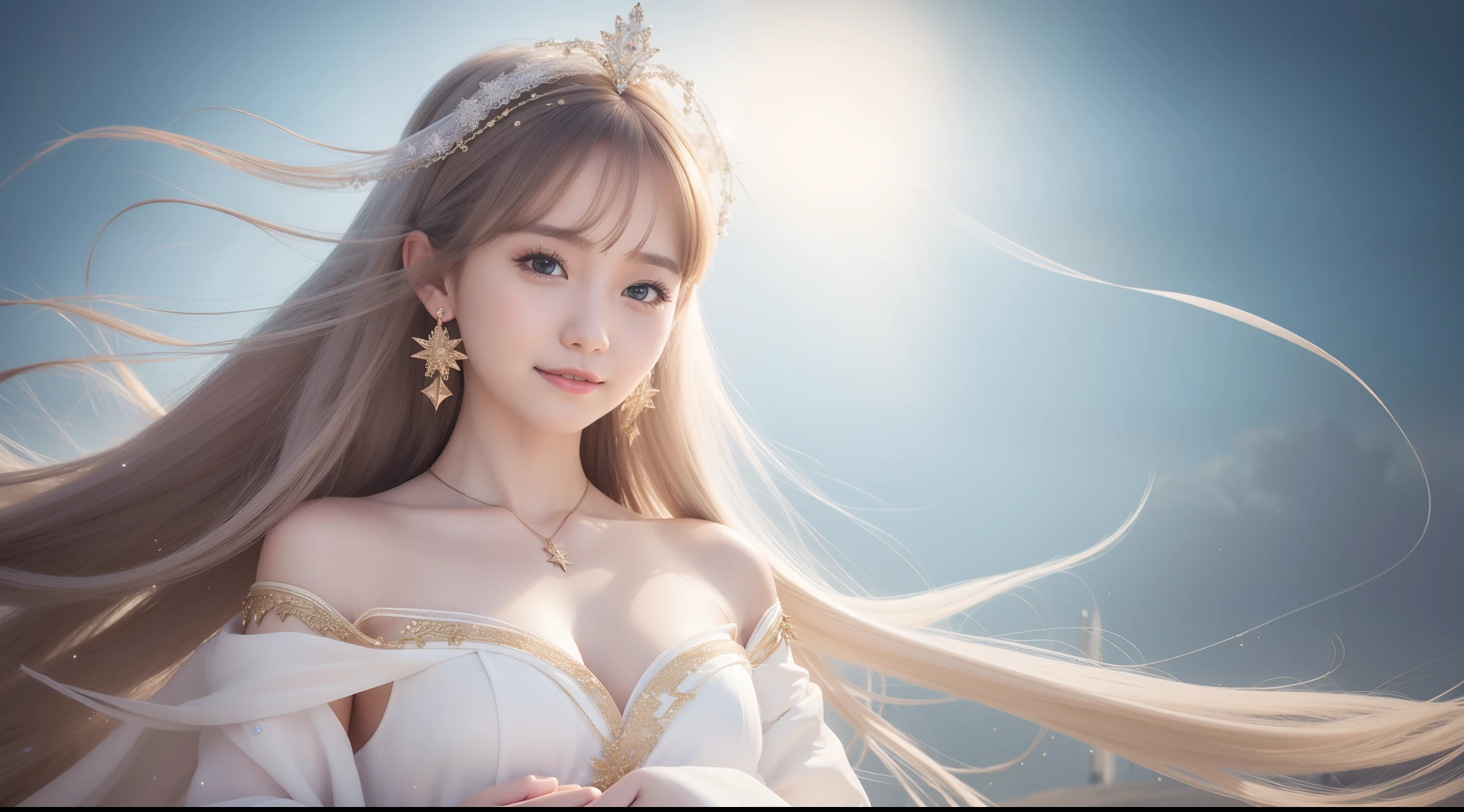 girl, Solo, Dressed like a goddess, white robes, Floating hair, Medium Hair, Star hair ornament, Crescent Earrings, a smile, Mouth closed, shores, depth of field, masutepiece, Super Detail, High quality, awardwinning, hight resolution, 8K