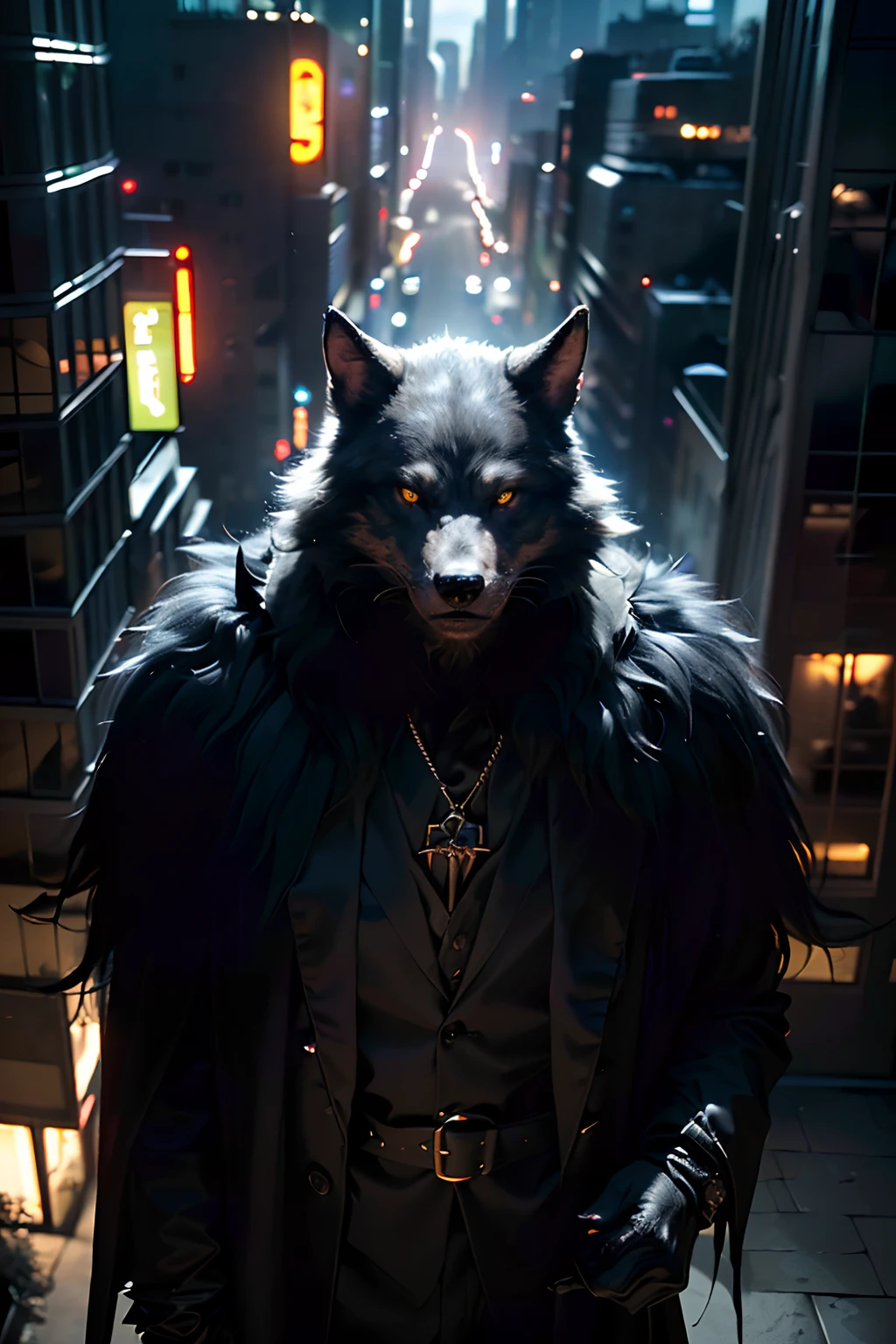 A 2-meter-tall werewolf, covered in thick, black fur, with nearly incandescent yellow eyes. It stands calmly, observing the city from above, reminiscent of the Gothic style of Gotham City. This creature embodies the essence of Gothic horror and is reminiscent of the world of "Werewolf: The Apocalypse" in the "World of Darkness" universe.