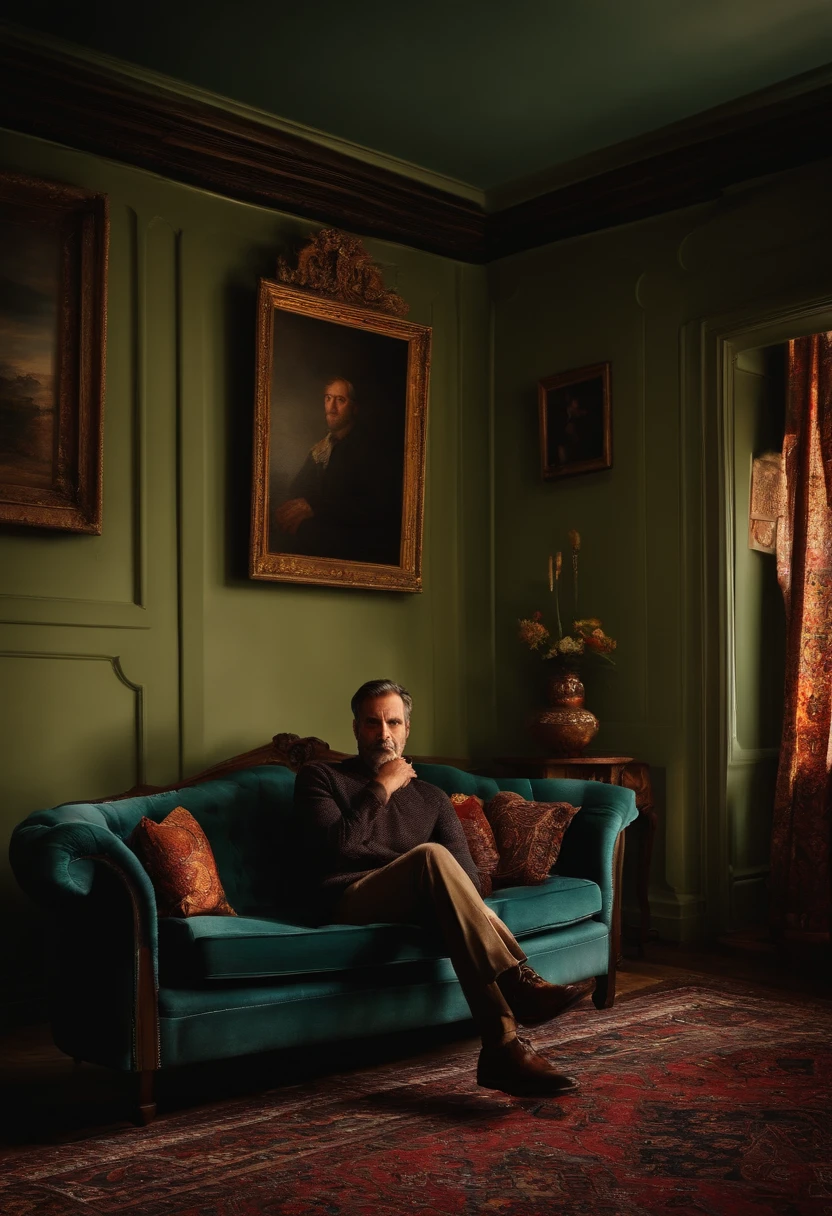 A man sitting on a couch, is in your living room, olhando para um porta retrato, vizualize o ambiente ao fundo, and a fireplace is lit, seja meticuloso nos detalhes