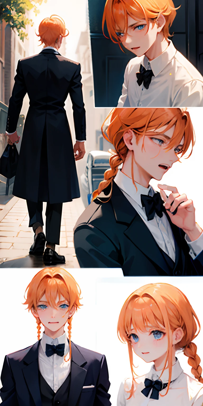 boy, long light orange hair tied back, blue eyes, butler outfit, crying loudly