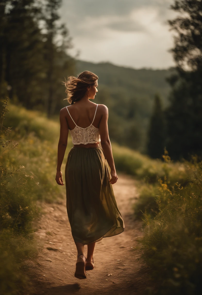 High resolution, (Official art, Beautiful and aesthetic: 1.2), Close View, Vast world, girl, Running, Refreshing smile, Long skirt, Distant horizon, forest, natural beauty, inspiration, light effect ,barechested,