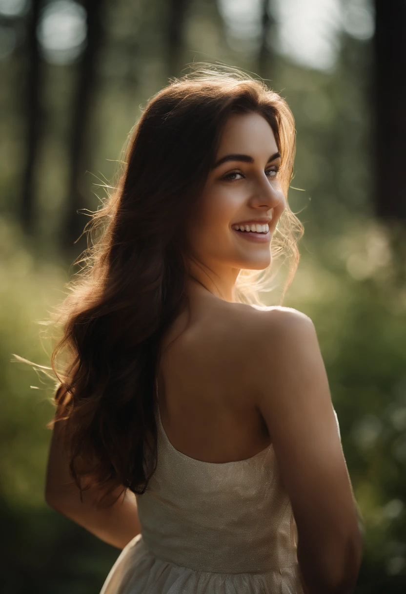 High resolution, (Official art, Beautiful and aesthetic: 1.2), Close View, Vast world, girl, Running, Refreshing smile, Long skirt, Distant horizon, forest, natural beauty, inspiration, light effect ,barechested,