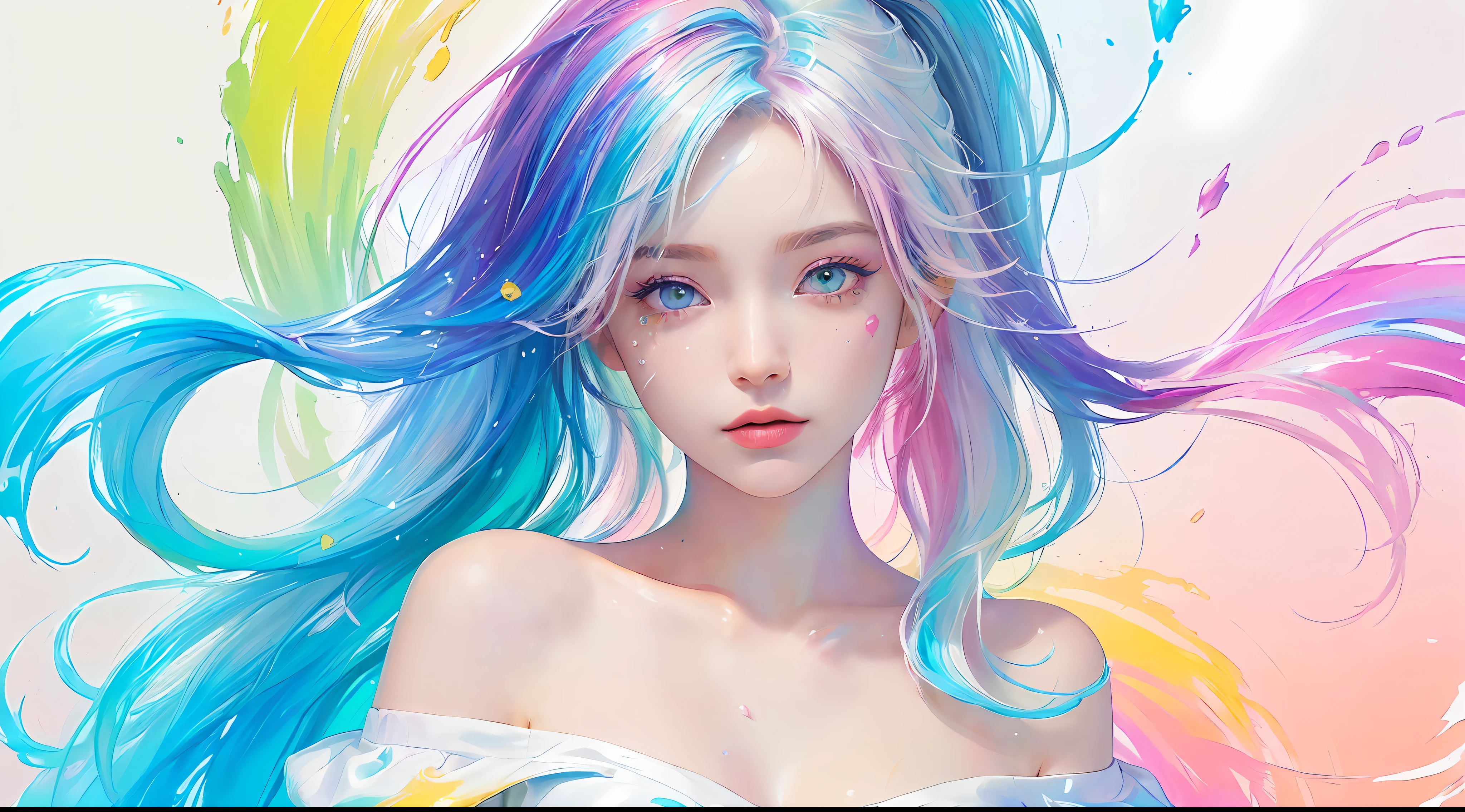 Two-dimensional characters Sunny and cheerful girl Long flowing hair Cheerful smile Wearing a white T-shirt Blue and white hair Face perfect, perfect jawline, Textured skin, Beautiful lips, 8K Ultra Clear