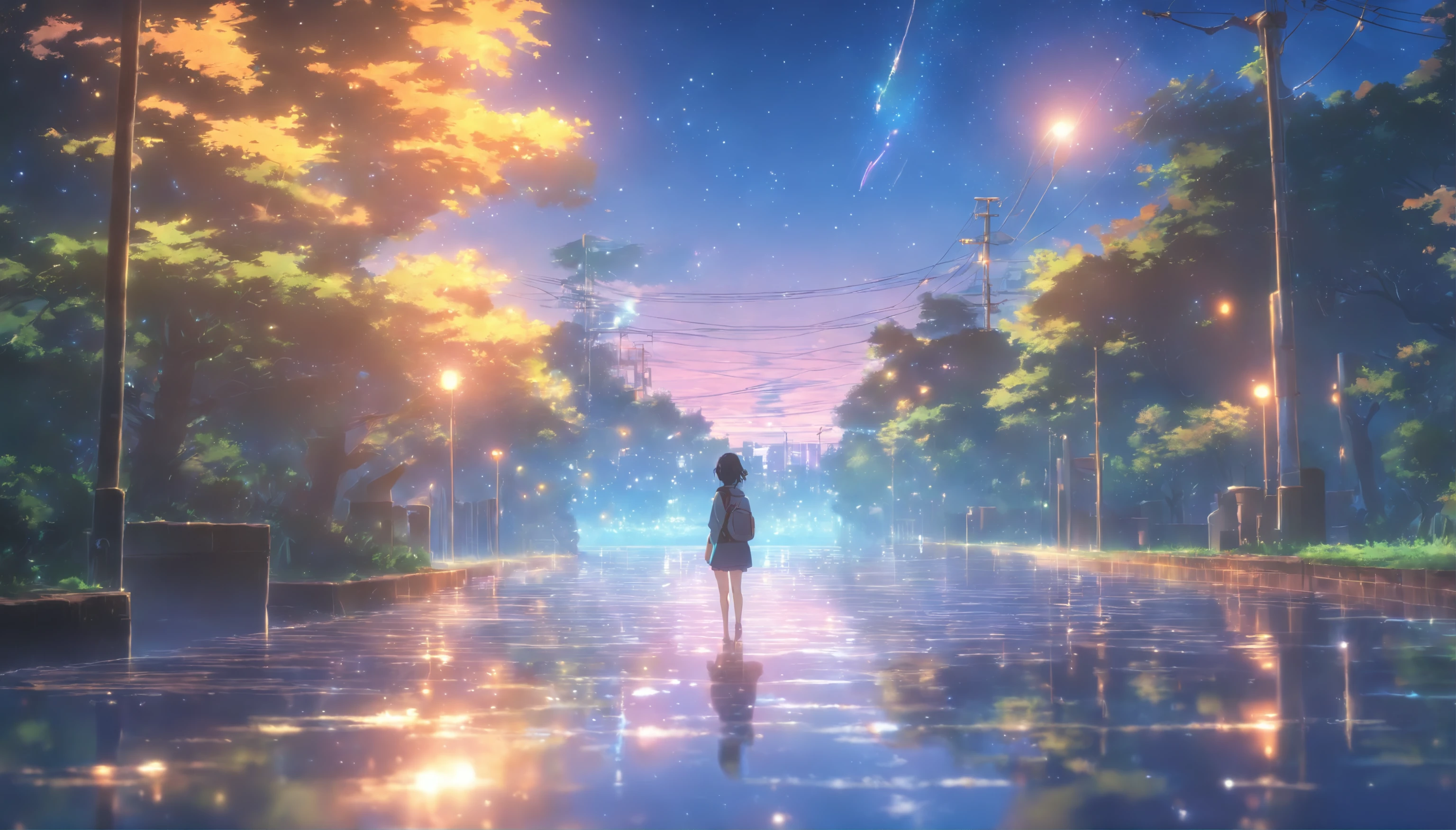 obra-prima de alta qualidade ,scenecy,Anime teenager crossing the surface of campus water, Bright starry sky。Romantic Campus,Pisif,Conceito-Arte,Estilo de arte Laffy,Refletores。 por makoto shinkai, Arte Lofi, belas cenas de anime, Paisagens de anime, detailed scenery—width 672, No estilo de Makoto Shinkai, Estilo de Makoto Shinkai,aprimoramento de detalhes