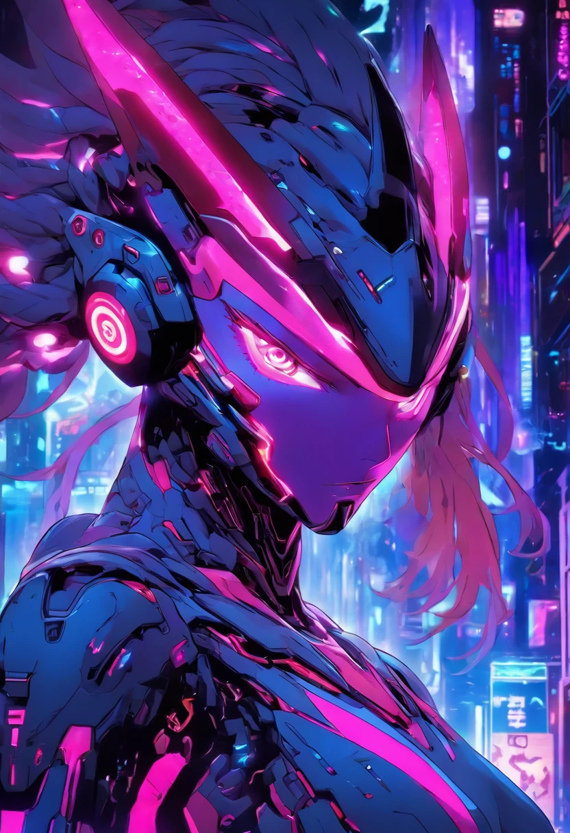 (female Protogen),cyberpunk,mechanical,glowing eyes,metallic surface,digital display,advanced technology,futuristic,neon lights,electromagnetic field,sharp edges,streamlined design,digital organism,biomechanical,mysterious atmosphere,glass visor,enhanced senses,energetic pose,invisible circuits,holographic projections,colorful wires,female cyborg