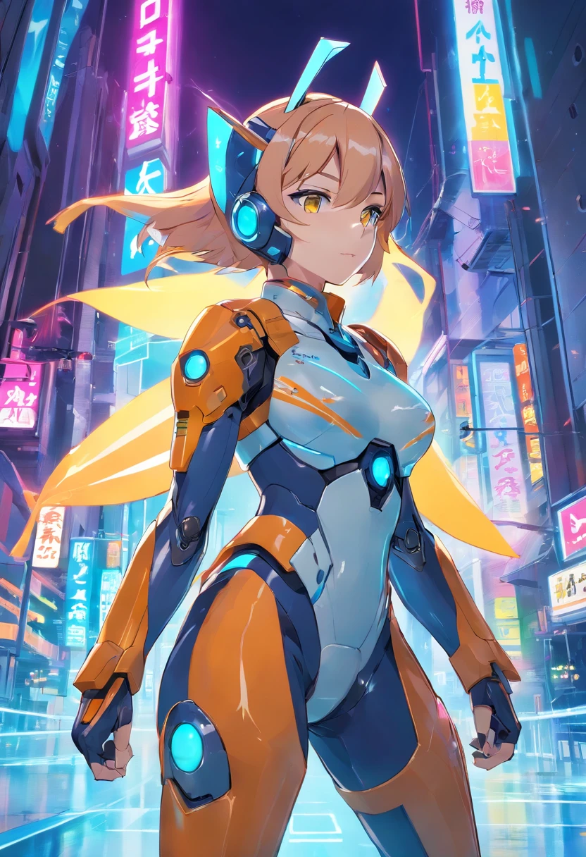 (female Protogen),cyberpunk,mechanical,glowing eyes,metallic surface,digital display,advanced technology,futuristic,neon lights,electromagnetic field,sharp edges,streamlined design,digital organism,biomechanical,mysterious atmosphere,glass visor,enhanced senses,energetic pose,invisible circuits,holographic projections,colorful wires,female cyborg