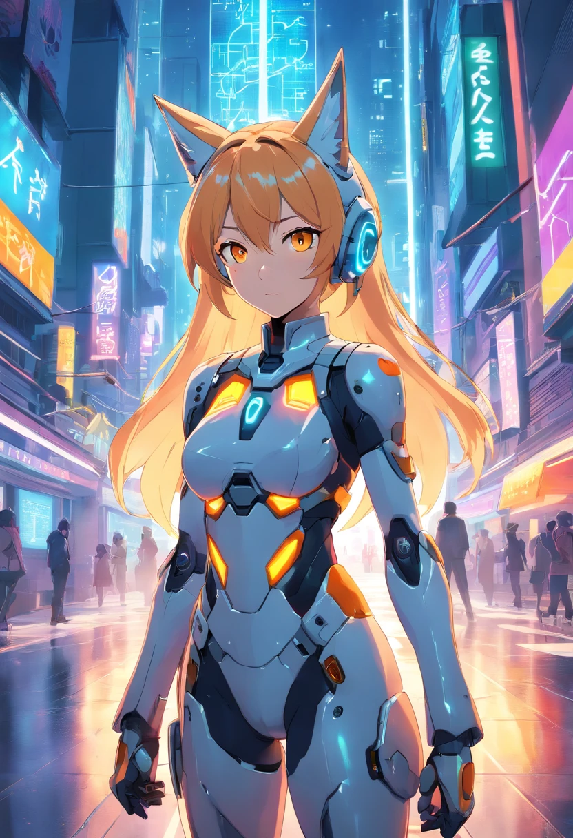 (female Protogen),cyberpunk,mechanical,glowing eyes,metallic surface,digital display,advanced technology,futuristic,neon lights,electromagnetic field,sharp edges,streamlined design,digital organism,biomechanical,mysterious atmosphere,glass visor,enhanced senses,energetic pose,invisible circuits,holographic projections,colorful wires,female cyborg
