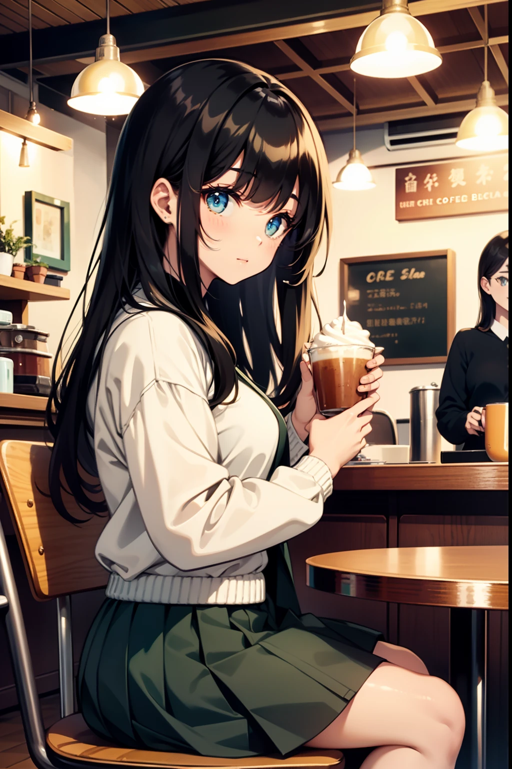 Sitting in a seat in an retro coffee shop、drinking cream soda。Clothes are retro blouses and skirts, black hair, mid-length hair, bangs greenish blue eyes