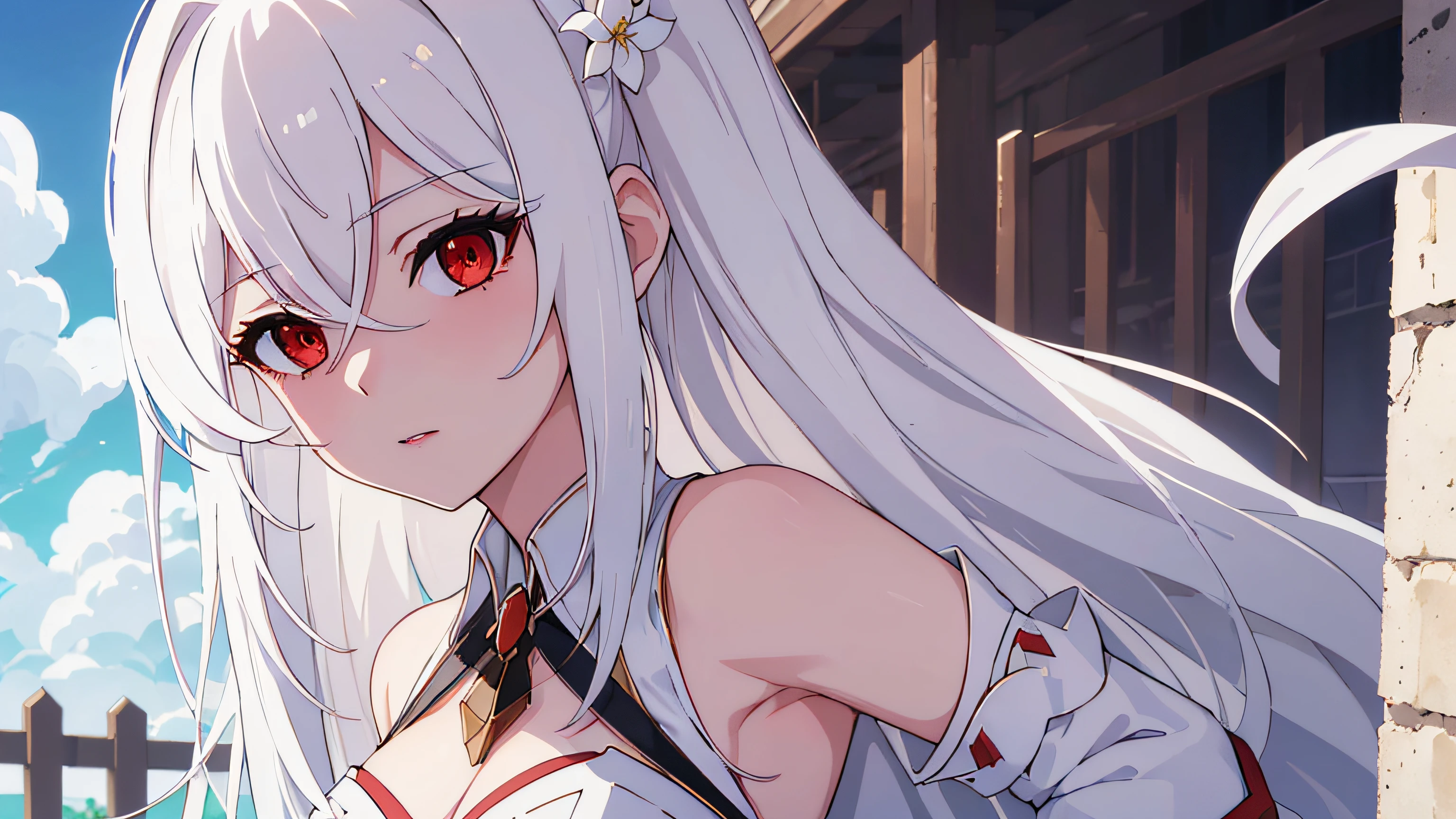 (masterpiece, best quality), ((1girl, (mature), Ninym Ralei, ), (white hair, beautiful hair), (red eyes, beautiful eyes, eye highlights, sharp eyes), (looking at the viewer, white flowers)), ((sky, clouds), fence), (highres, chromatic aberration), (armpit), blushed face