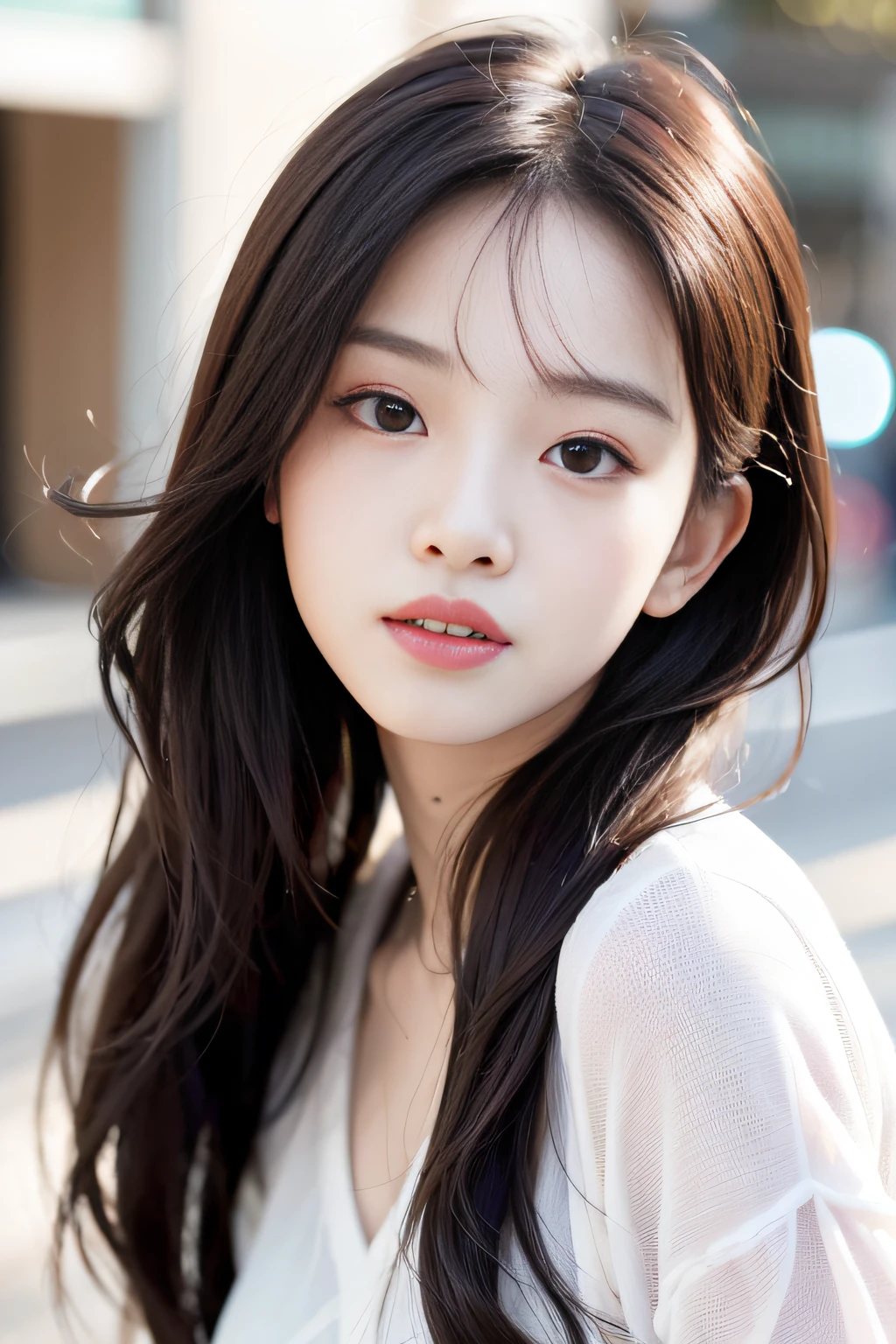 (realistic, photo-realistic:1.37),(8k, RAW photo, best quality, masterpiece:1.2), cute, ultra-detailed,heart-shaped pupils,physically-based rendering, ultra high res, looking at viewer,photorealistic,realistic, solo, photorealistic, best quality,extremely detailed face,extremely detailed eyes and face, beautiful detailed eyes,absurdres, incredibly absurdres,haunting smile,childish looks,Messy hair, floating hair,pureerosface_v1:0.2, face close-up