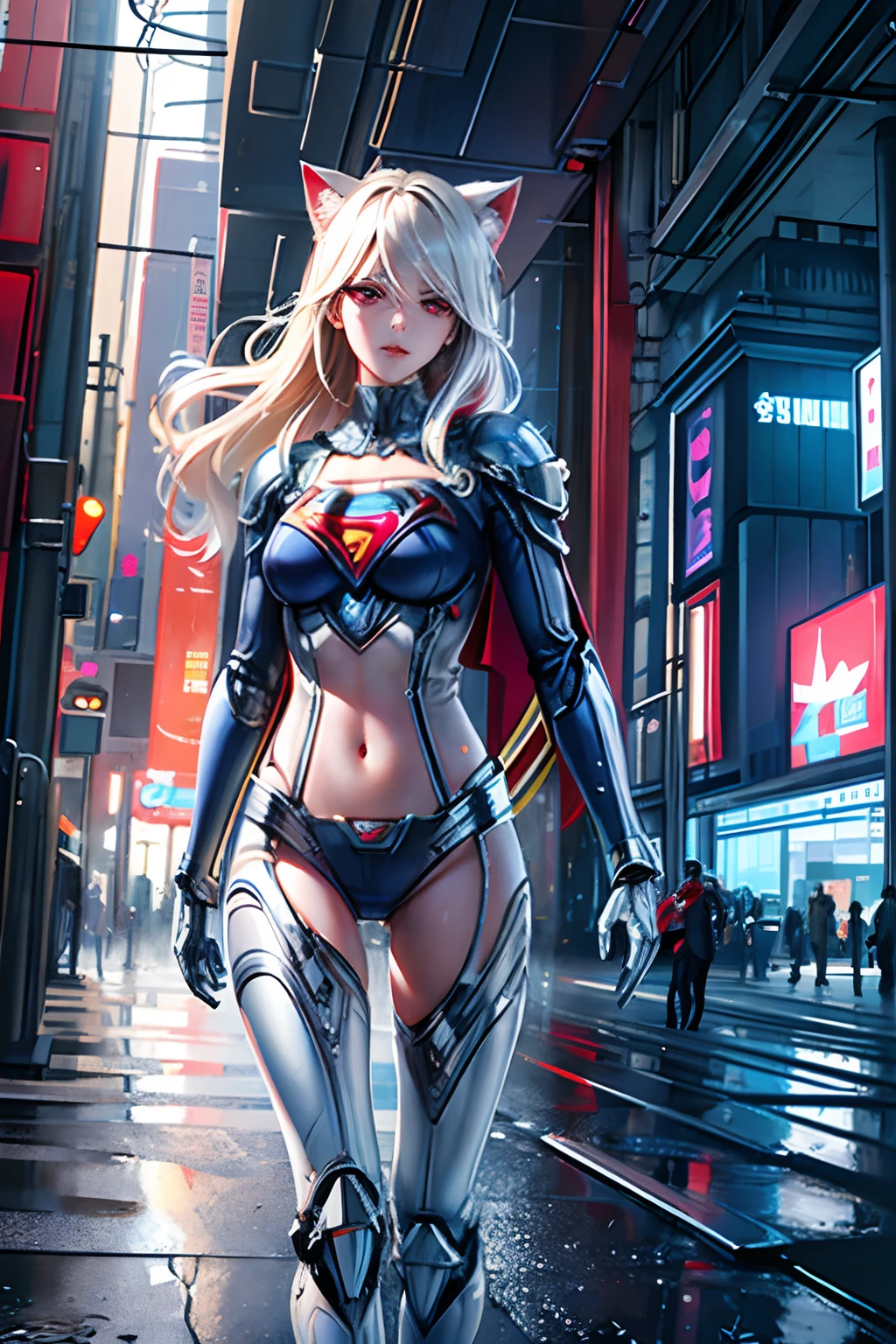 ((Supergirl masterpiece)), (((best quality))), ((ultra-detailed)), ((illustration)), reflection, sharp focus, front lighting, intense shadows, realistic (beautiful detailed blue eyes), eyelashes, an extremely delicate and beautiful girl, cat ears, ((red eyes)), blonde hair, long hair, navel, large shiny skin, mecha_musume, machanical_parts, robot_joints, transparent embroidered silver letter|white latex suit, with superman S on the chest,  cinematic lighting, ray trace, depth of field, dynamic angle, looking at the viewer, (((Cyberpunk City))), (((The Best Building))), (((Rain))), (Blood on the face)