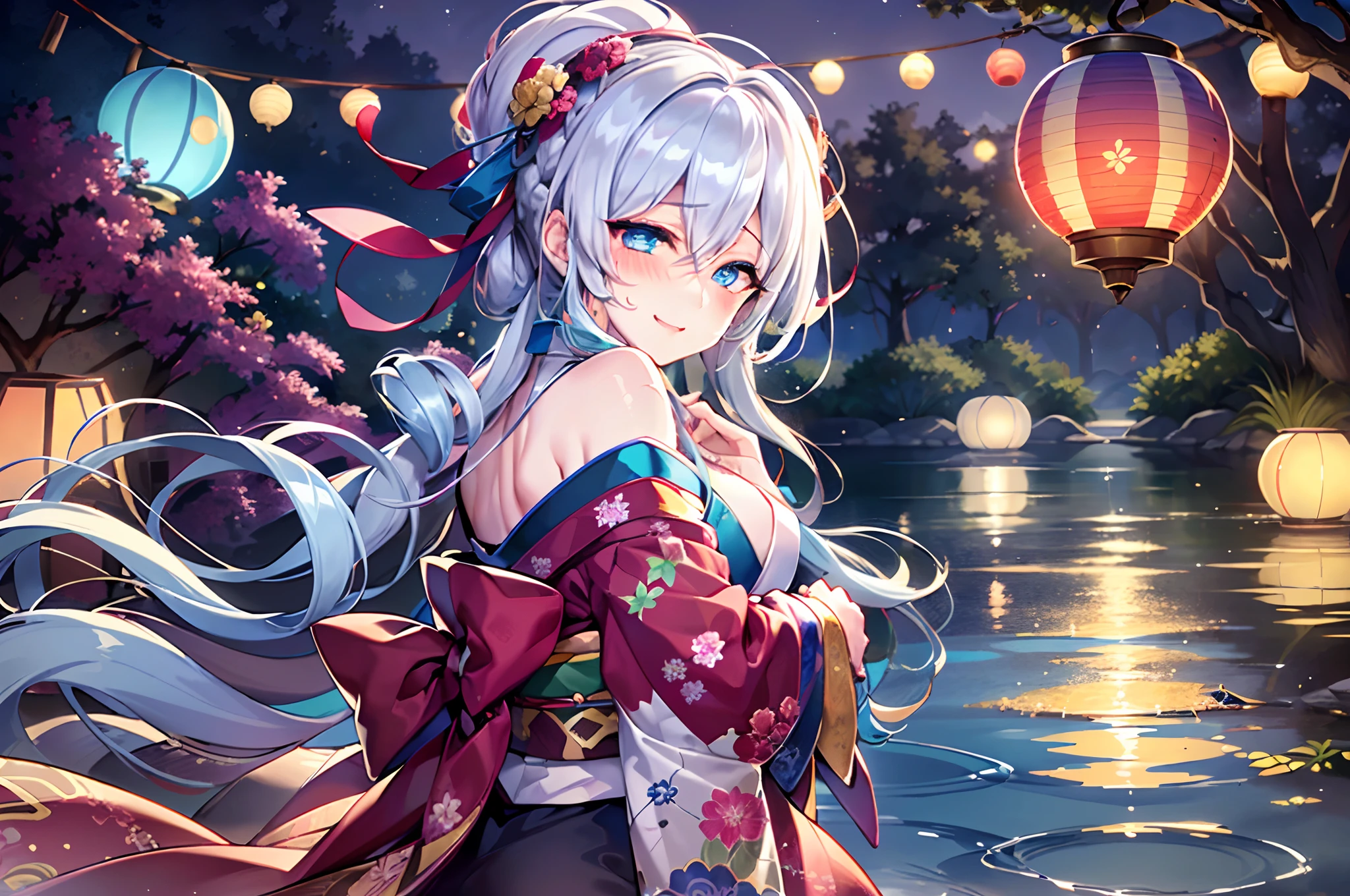 1girl in, breastsout, a moon, paper lanterns, natta, 独奏,, hair adornments,  Kimono, Komono, playing in the water, Eau, Hair Flowers, florals, plein air, Skysky, fullmoon, Sateen, A dark-haired, off shoulders, mont, ​​clouds, Hugged, sash, bare shoulders​, paper lanterns, is standing, White kimono, nigh sky, sideboob barbosa, Obi,  bangss, The tree, From Side, Reflectors, shorth hair, cloudy ash sky, wetting hair (((​masterpiece),(the Extremely Detailed CG Unity 8K Wallpapers)、top-quality、电影灯光、细致背景、beatiful detailed eyes、Bright pupils、(extremely delicate and beautiful)、(Beautiful and detailed eyes description)、ultra-detailliert、​masterpiece、((lightsmile、(Drunken eyes,コック痴女,red blush))),