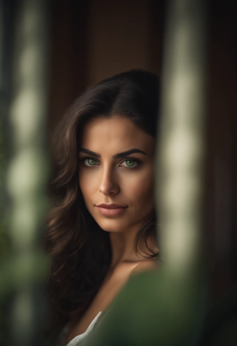 Portrait of a sexy latina girl, brunette with green eyes.