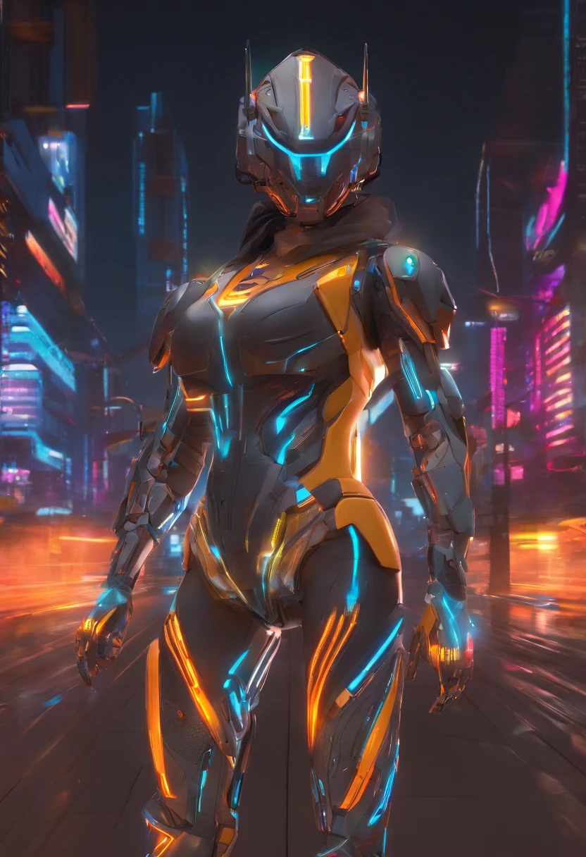 (female Protogen),cyberpunk,mechanical,glowing eyes,metallic surface,digital display,advanced technology,futuristic,neon lights,electromagnetic field,sharp edges,streamlined design,digital organism,biomechanical,mysterious atmosphere,glass visor,enhanced senses,energetic pose,invisible circuits,holographic projections,colorful wires,female cyborg