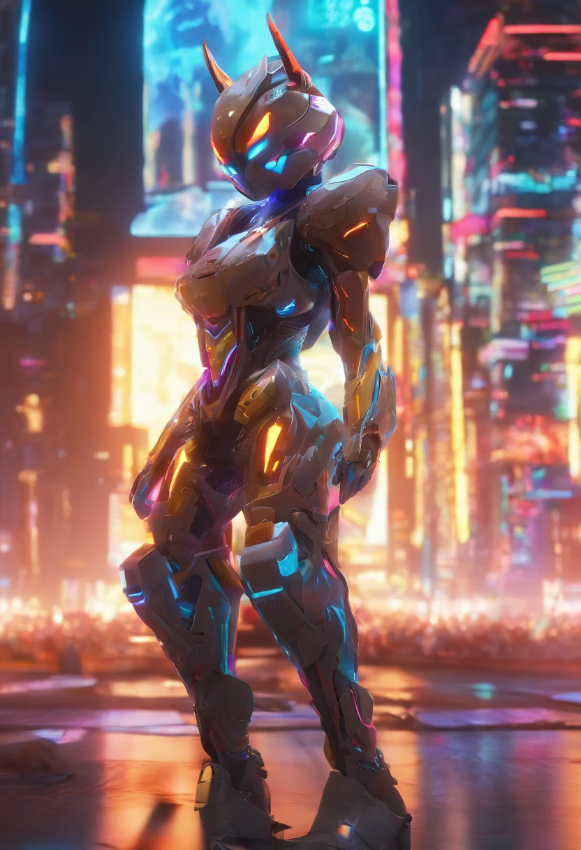 (female Protogen),cyberpunk,mechanical,glowing eyes,metallic surface,digital display,advanced technology,futuristic,neon lights,electromagnetic field,sharp edges,streamlined design,digital organism,biomechanical,mysterious atmosphere,glass visor,enhanced senses,energetic pose,invisible circuits,holographic projections,colorful wires,female cyborg