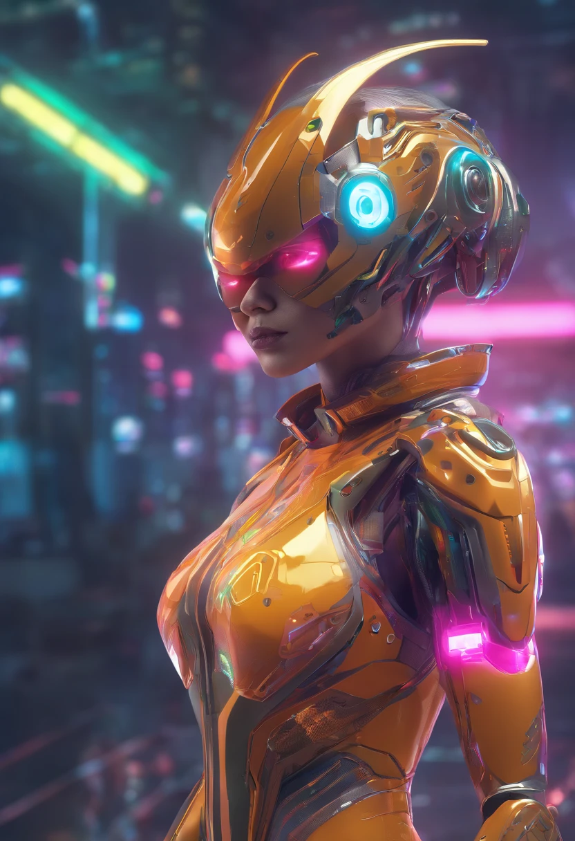 (female Protogen),cyberpunk,mechanical,glowing eyes,metallic surface,digital display,advanced technology,futuristic,neon lights,electromagnetic field,sharp edges,streamlined design,digital organism,biomechanical,mysterious atmosphere,glass visor,enhanced senses,energetic pose,invisible circuits,holographic projections,colorful wires,female cyborg