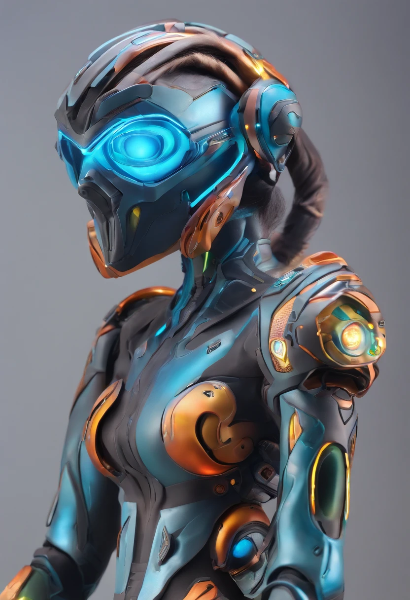 (female Protogen),cyberpunk,mechanical,glowing eyes,metallic surface,digital display,advanced technology,futuristic,neon lights,electromagnetic field,sharp edges,streamlined design,digital organism,biomechanical,mysterious atmosphere,glass visor,enhanced senses,energetic pose,invisible circuits,holographic projections,colorful wires,female cyborg