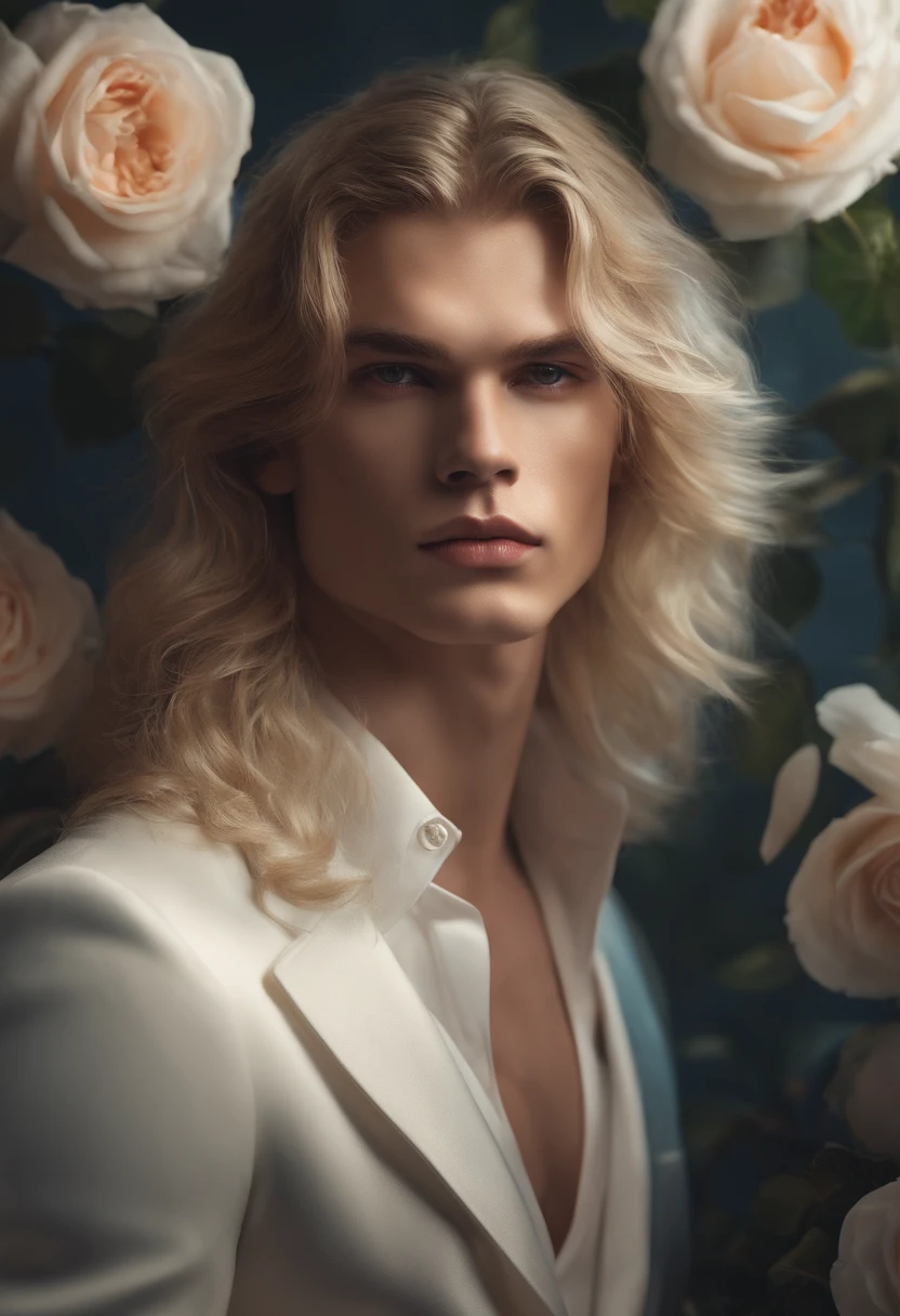 masterpiece, highest quality, (solo focus), (perfect face:1.1), (high detail:1.1), (hyper detailed eyes), dramatic, 1guy, (pale skin), long blonde hair, ethereal eyes, (light eyebrows), solo, long hair, Jordan Barrett, moon, night, white luxury suit, covered nave, pouty lips, fur, proud expression, beach, detailed background, art by artgerm, cinematic lighting, roses, fashion, BalenciagaStyle