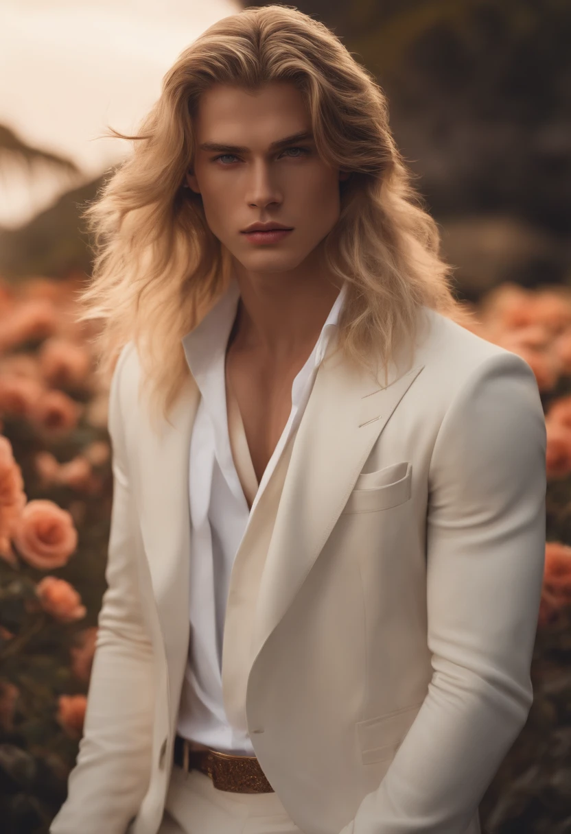 masterpiece, highest quality, (solo focus), (perfect face:1.1), (high detail:1.1), (hyper detailed eyes), dramatic, 1guy, (pale skin), long blonde hair, ethereal eyes, (light eyebrows), solo, long hair, Jordan Barrett, moon, night, white luxury suit, covered nave, pouty lips, fur, proud expression, beach, detailed background, art by artgerm, cinematic lighting, roses, fashion, BalenciagaStyle