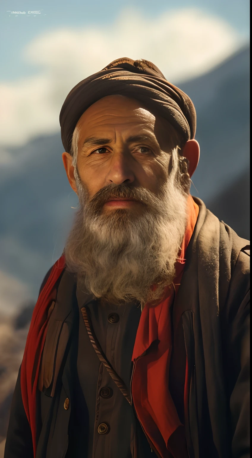 com barba、wearing a red scarf、Allard man in a hat, Wise old man, um velho, filme Paisagem da Rota da Seda, Retrato VFX altamente detalhado, color photograph portrait 4k, Retrato 4k, Ash Thorp Khyzyl Saleem, Retrato do monge, Arab light beards, retrato do homem velho, foto de um homem