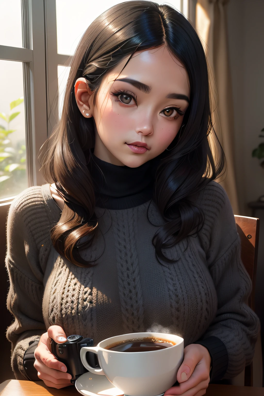 Woman with jet black hair and oval face. Her eyes resemble cat's eyes, Exudes a subtle cuteness. She boasts a generously sized bust、Decorated with a knitted sweater. I'm drinking coffee. Medium: Photorealistic digital photography. Style: Inspired by Japan's classic aesthetic standards、Incorporates modern fashion. Lighting: Soft, Natural light coming in through the window, Cast a gentle glow on her face. Colors: Rustic tones, Deep black of hair and warm shades of knitwear at the heart. Composition: Shooting using the Canon EOS 5D Mark IV digital SLR camera, EF 85mm f/1.8 lens, Resolution 30.4 megapixels, ISO sensit: 100, Shutter Speed 1/125 sec, Focusing on her face and upper body, Capture intricate details of her features and attire. --ar 16:9 - V5.1 --Style raw --Q 2 --S 750