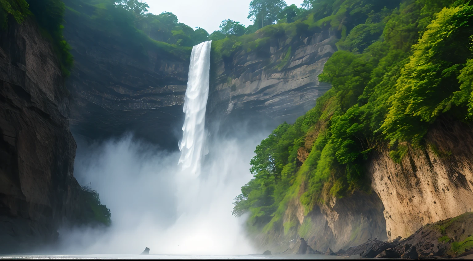 There is a cliff in front,background is waterfall, Waterfall in the distance, Fog from the waterfall, falls, spectacular, Realistic cinematic visuals, There are no people、No buildings、floating waterfalls, huge waterfall, an endless waterfall, Realistic waterfalls, waterfall in the background, Epic cinematic sense, falls. heavy fog, Ultra-realistic 4K quality,